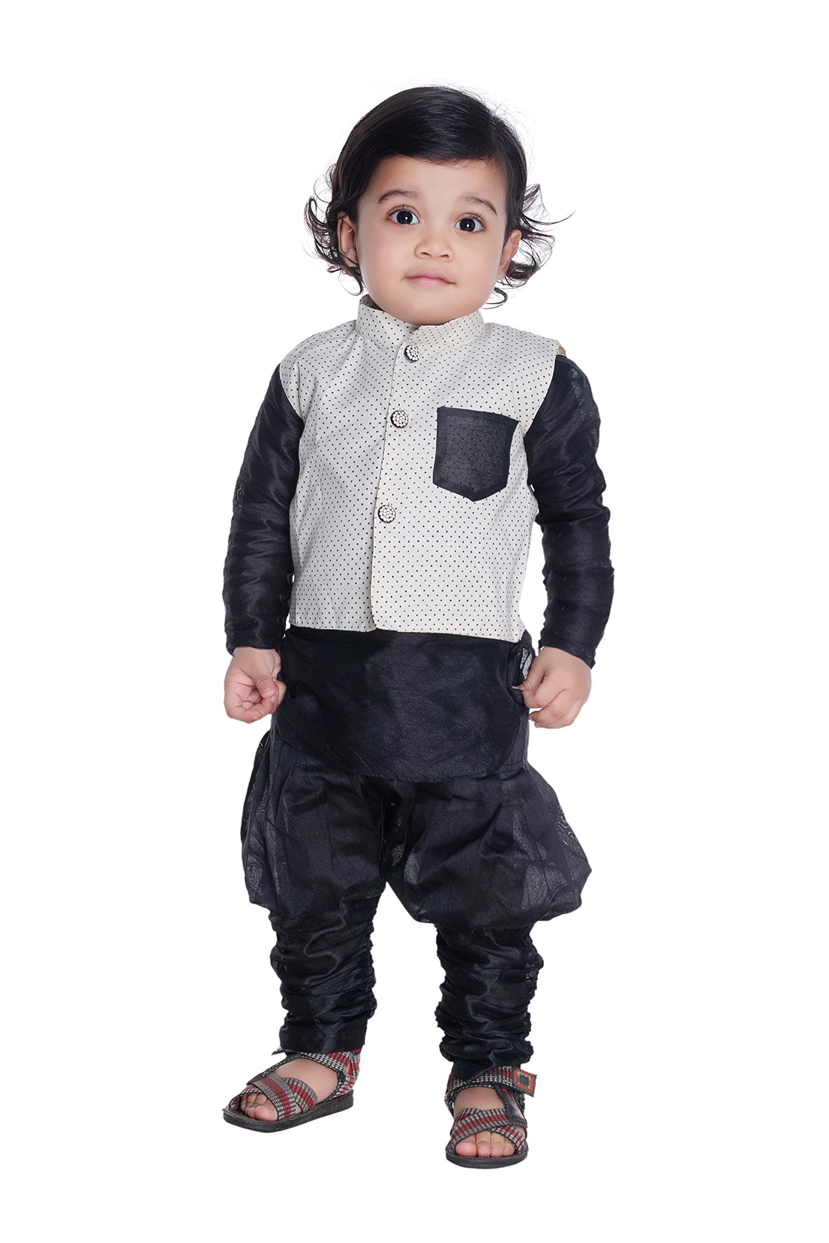 NEW GENBaby Boy's Cotton Silk Jacket, Kurta Pyjama Set