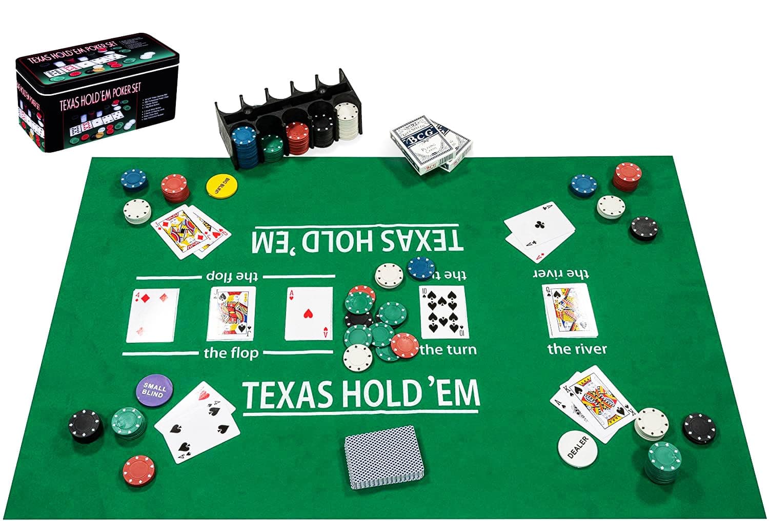 Engelhart - 320900 - Complete Poker Set - Metal Box with Mat, 200 Chips (4 g), 2 Card Games, Dealer Buttons, Small and Large Shields + Game Rules