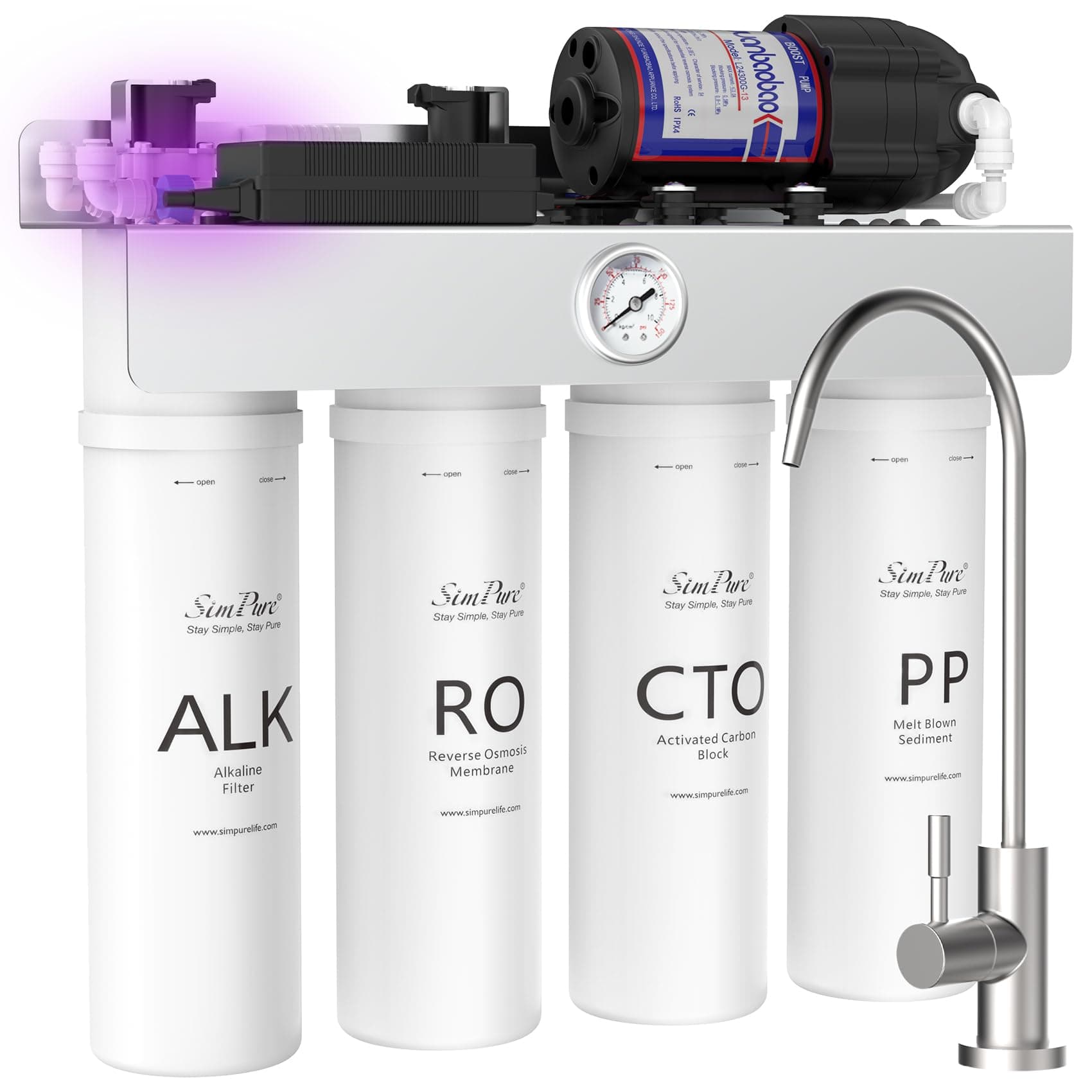 SimPure T1-400ALK Alkaline UV Reverse Osmosis System, NSF/ANSI 58 Certified, Tankless RO Water Filter System 400 GPD, pH+ Remineralization Water Filtration Under Sink, BPA Free, Built-in Pump