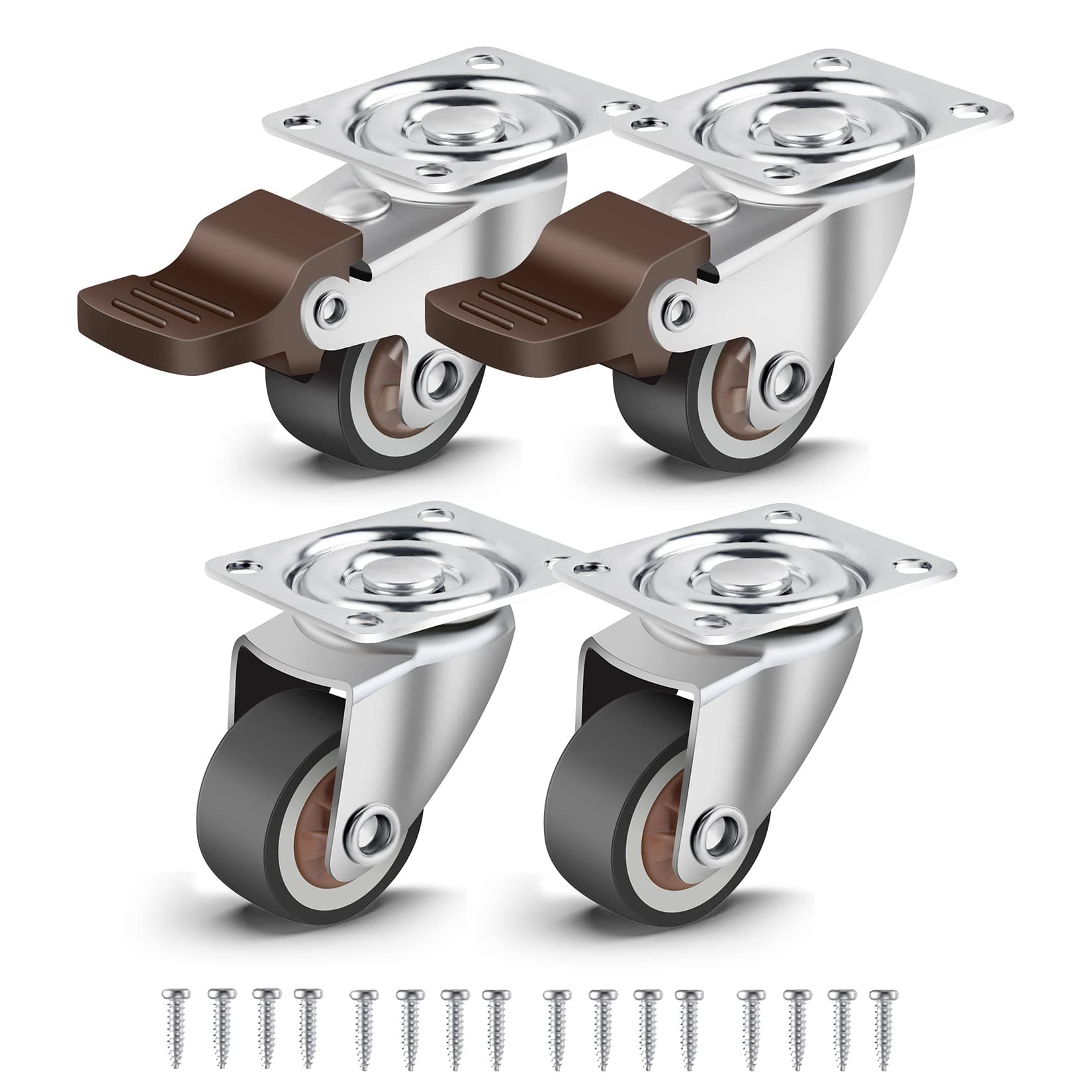 implemental Nefish 4 Pack 1" Small Caster Wheels For Furniture Low Profile Soft Rubber Casters Swivel Plate Castors Rolling Smooth, Load Capacity 100 Lbs For Set Of 4 (2 With Brake And 2 Without)