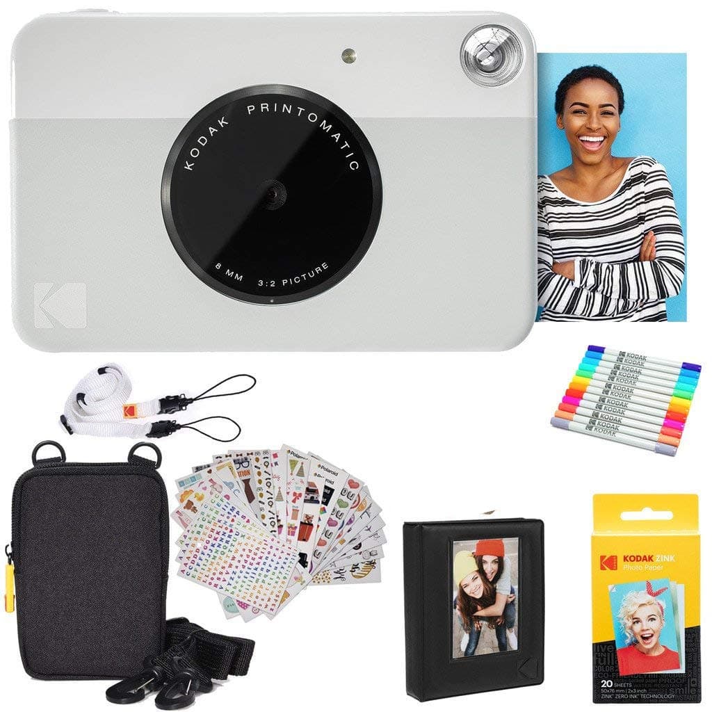 Printomatic Full-Color Instant Print Digital Camera Colorful Photos On Zink 2x3" Sticky-Back Photo Paper 5MP Gift Bundle: Case + Zink 2x3" 20pk + Album + Stickers + Frames + Markers - Grey