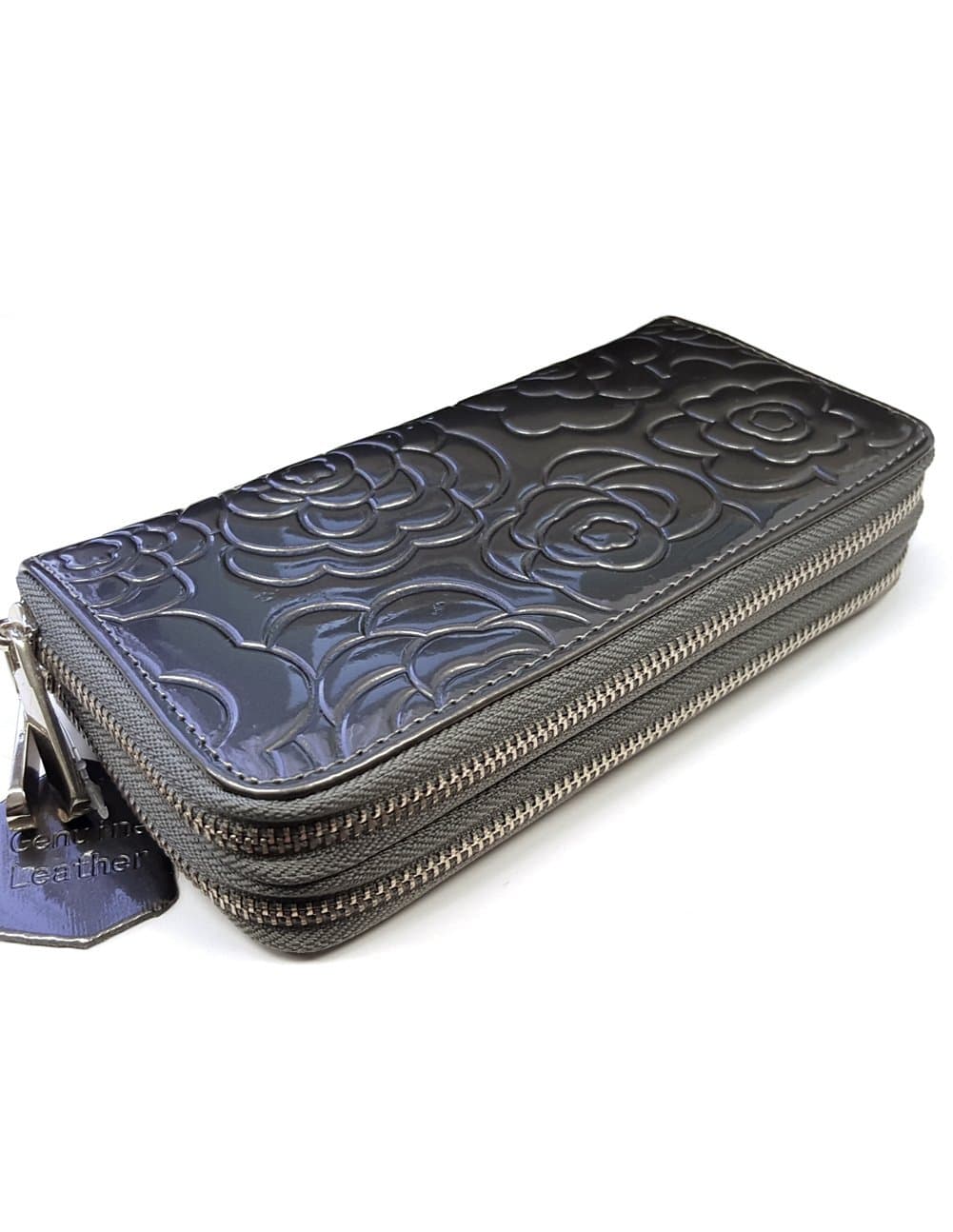 Genuine Leather Flower Embossed 2 Zipper Ladies Wallet (Pewter)
