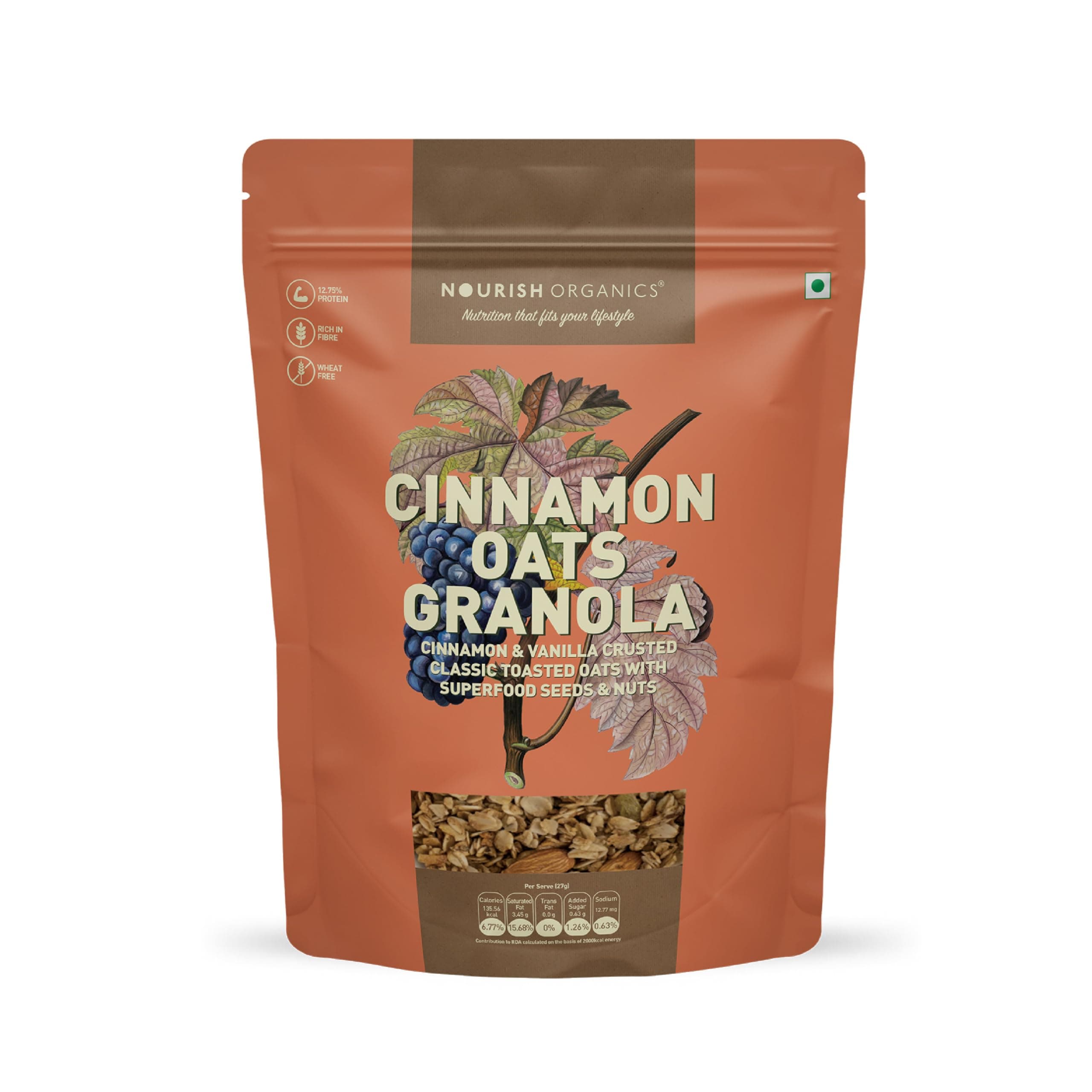 Cinnamon Oats Granola, 270g Pack | Healthy and Nutritious Breakfast Cereals with Whole Nuts | No Refined Sugar | Clean Label