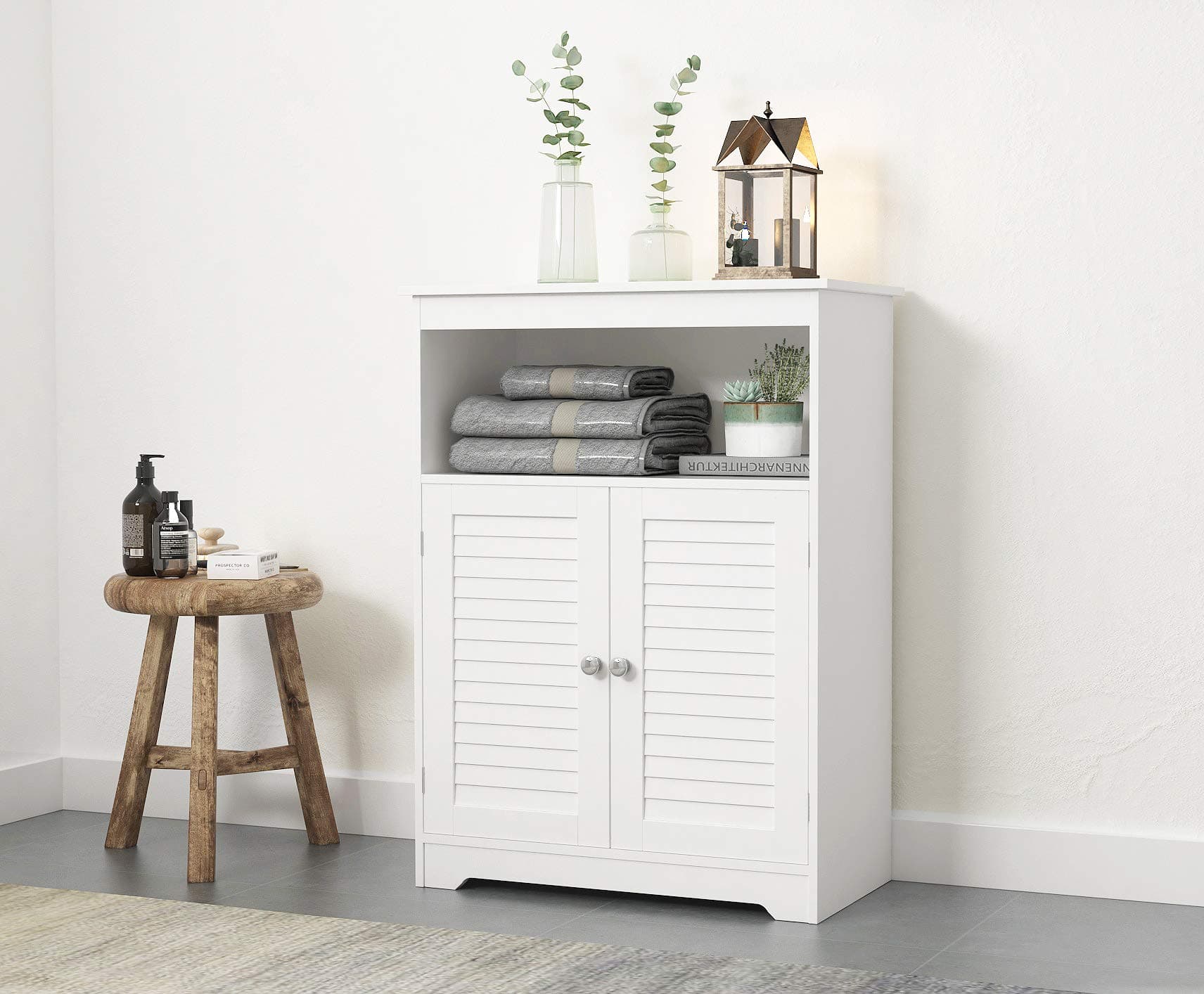 Spirich Bathroom Floor Cabinet with Double Louvered Doors and Adjustable Shelves, Free Standing Bathroom Storage Cabinets,White