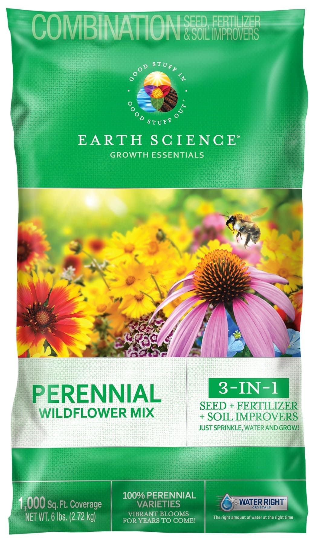 Earth Science Perennial Wildflower Mix—6 lb—3-in-1 Formula with Premium Wildflower Seeds, Plant Food and Soil Conditioners - Non-GMO, Natural Ingredients