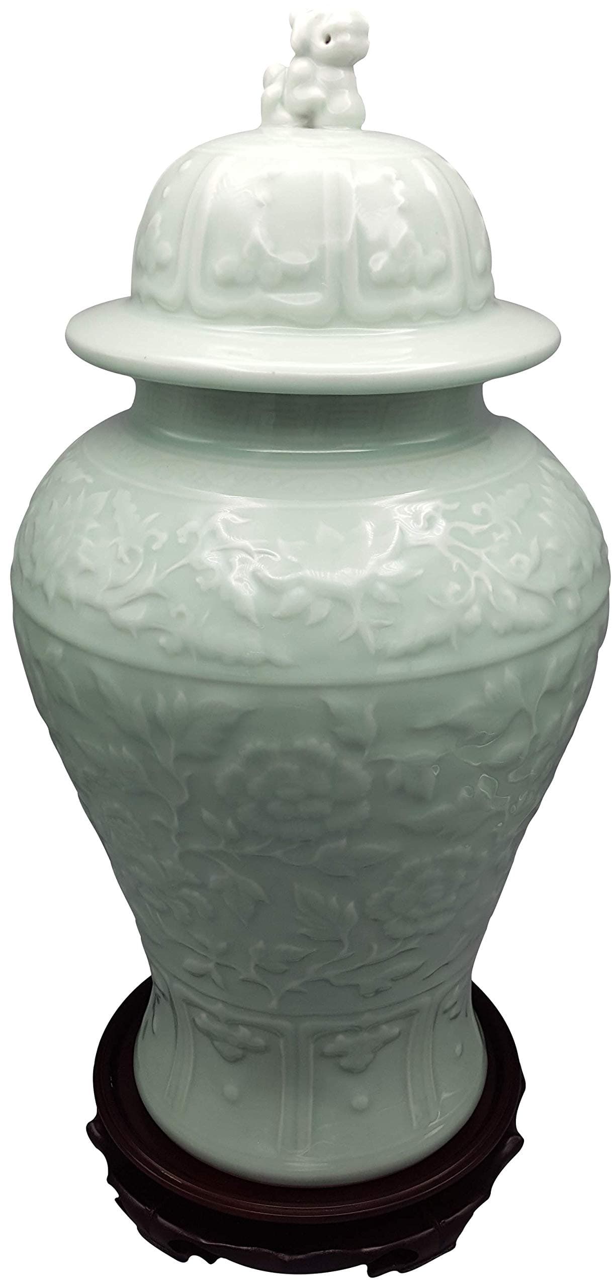 Oriental Furniture Warehouse Chinese Vase Carved Celadon with Lion Head Lid
