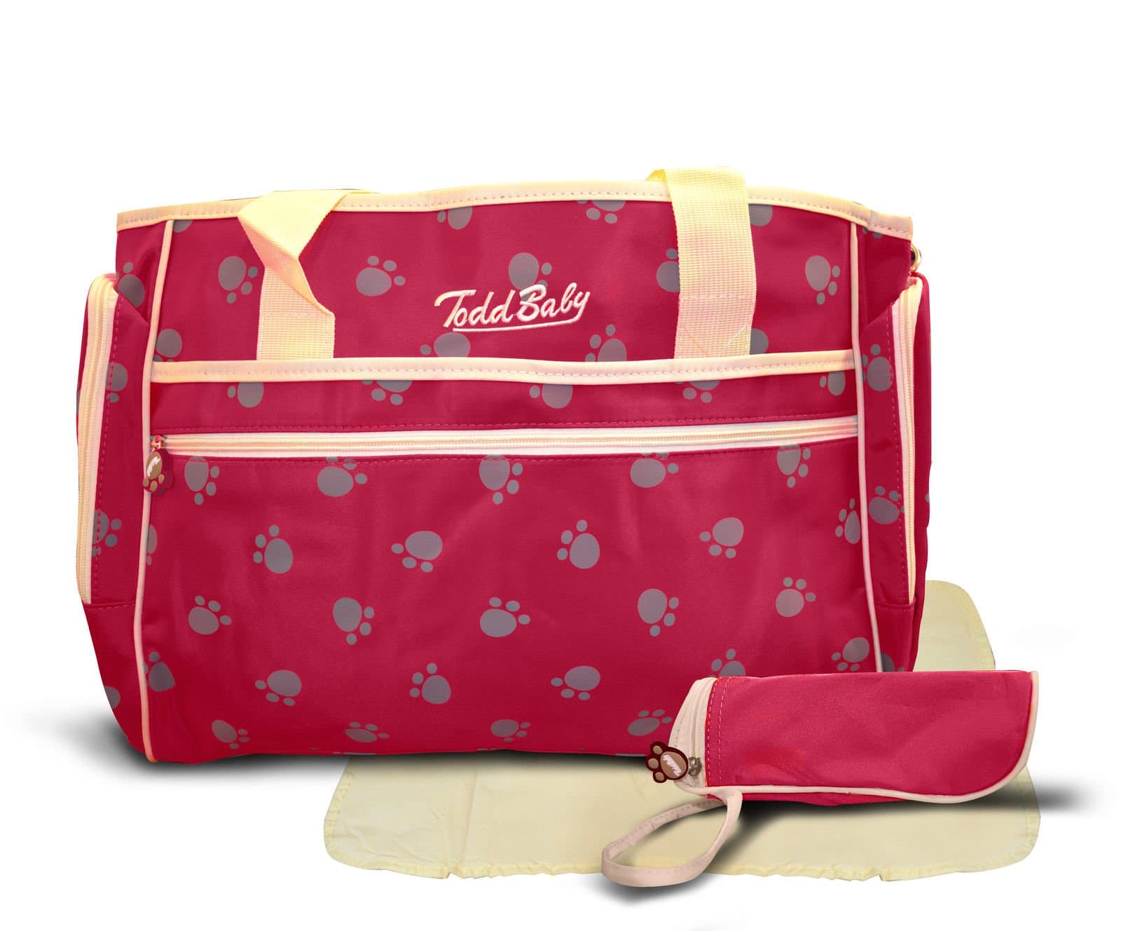 Todd Baby Official Brand New 3 Pc Paw Red Quilted Bottle Holder Set Diaper Nappy Changing Stylish Designed Strap 13.8 x 15.8 x 2.8 inches Shoulder Bag