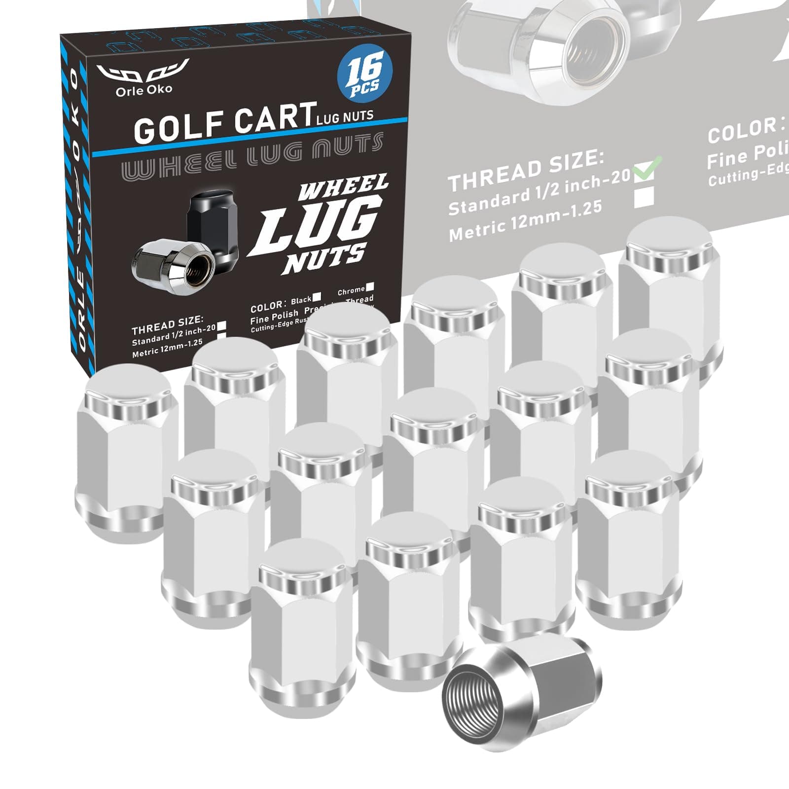 Golf Cart Wheel Lug Nuts for EZGO & Club Car,Stadnderd 1/2-20 Size,16 PCS Chrome Wheel Lug Nuts Suitable for Club Car & EZGO Golf Cart OEM# 1701160, 14723-G1, 1010984, 1701160