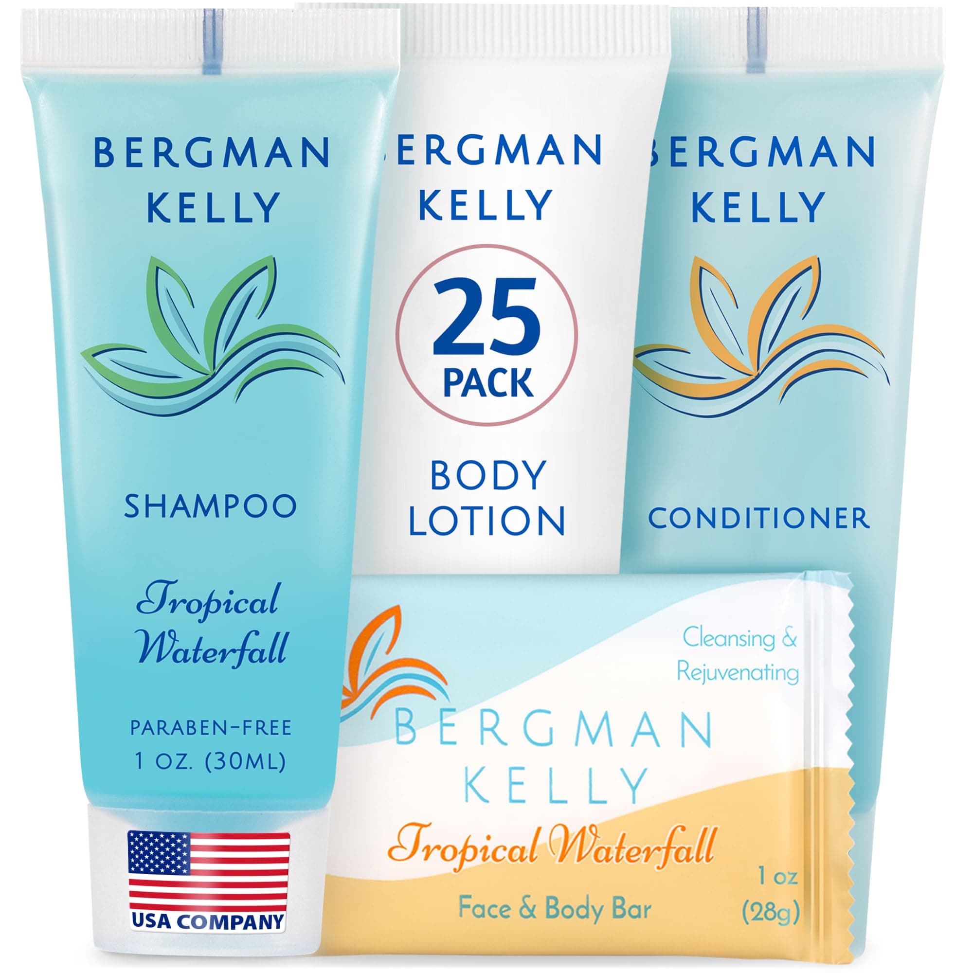 BERGMAN KELLY Hotel Toiletries Bundle (Tropical Waterfall, 1 oz each, 100 Pcs) 4-Piece Set: 25 Rectangular Bar Soap, 25 Shampoo, 25 Conditioner & 25 Body Lotion - Bulk Mini Guest Amenities Supply