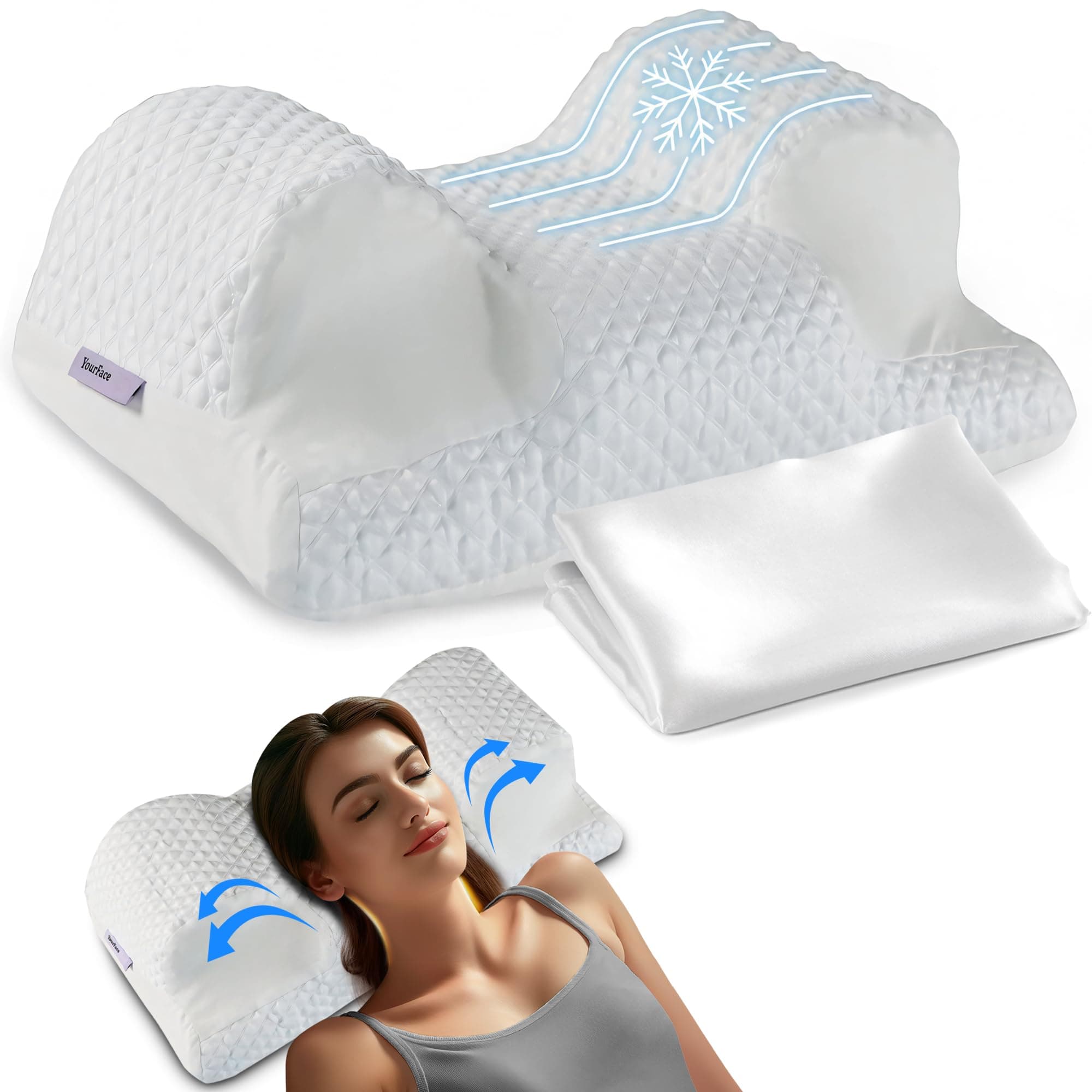Back Sleeper Beauty Pillow, Cervical Neck Pillow Contour Memory Foam Pillow, Ergonomic Neck, Back & Shoulder Support. Back Sleeping Reduces Pressure on Skin - Cooling with Satin Case