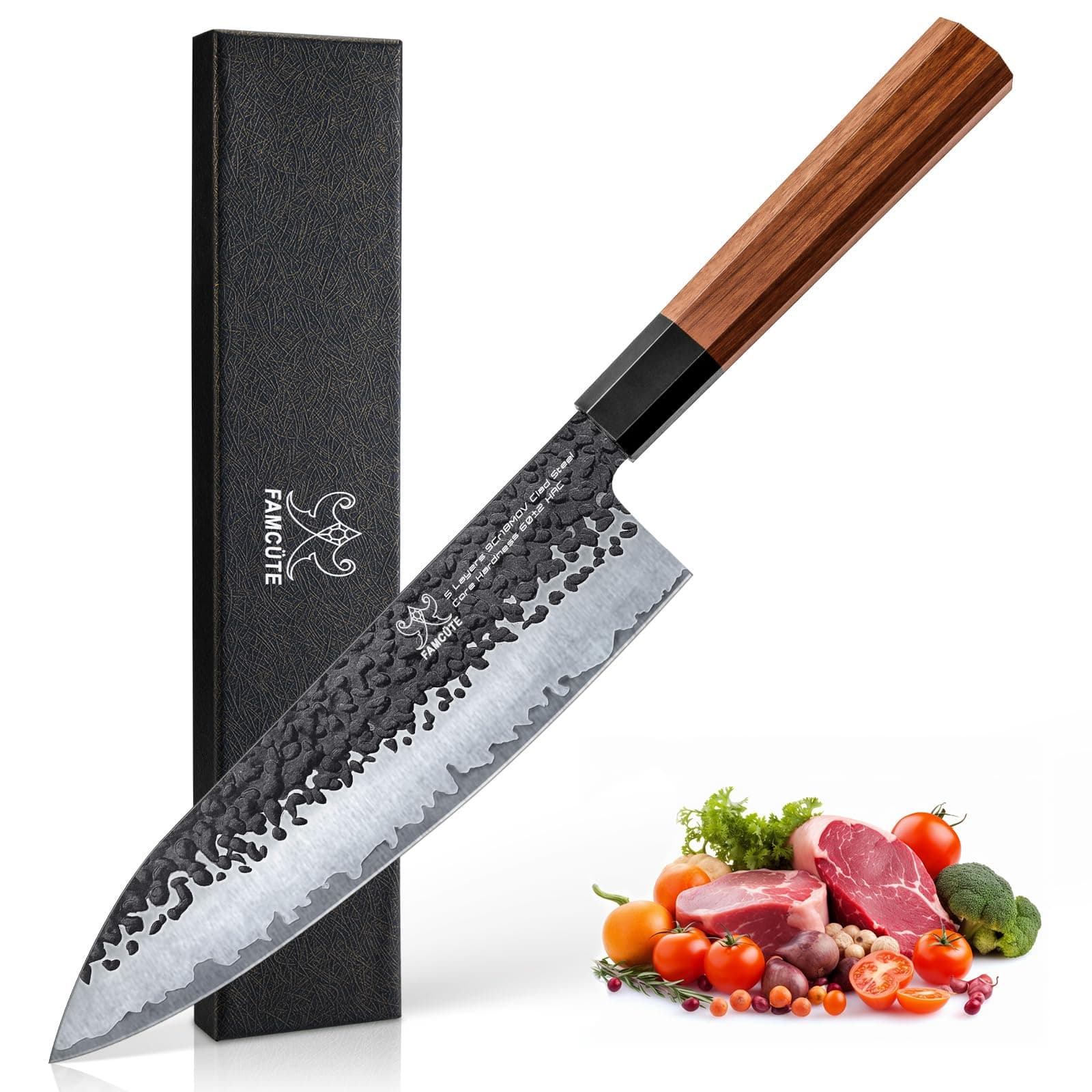 8 Inch Japanese Gyuto Chef Knife, Hand Forged Kitchen Japanese Chef Knife, Rosewood Handle 3 Layer 9CR18MOV High Carbon Steel Blade Japanes Sushi Knife