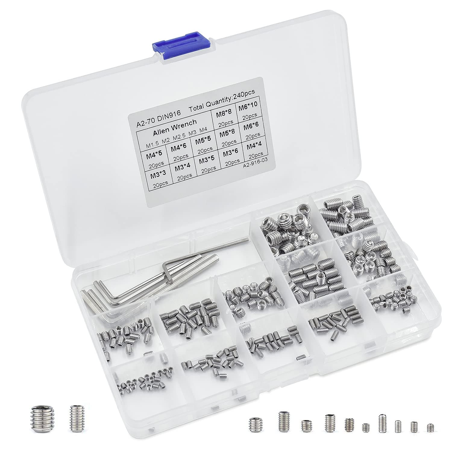 240 Pcs Grub Screws Set M3 M4 M5 M6 M8 Stainless Steel Hex Head Allen Screws Thread Socket Cup Point Screw Assortment Kits