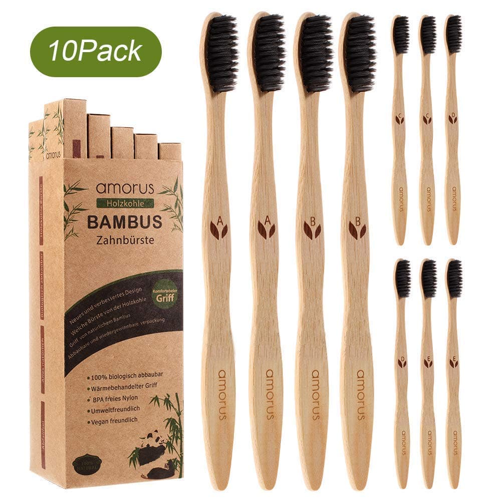 Amorus 10 Pack Bamboo Toothbrush Wooden Toothbrushes, Natural, Ergonomic, Safe for Adults Family