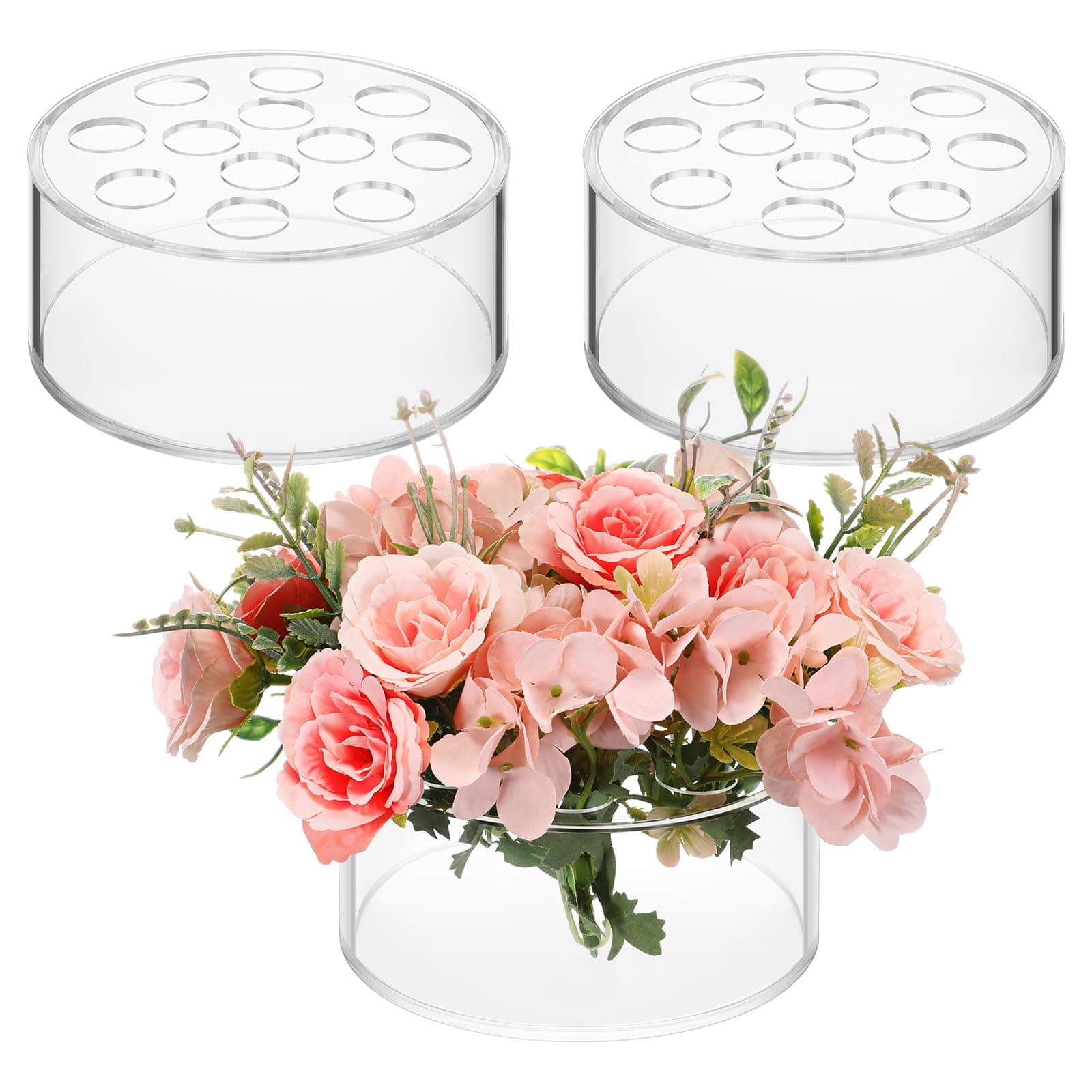 Tanlade Acrylic Floral Centerpiece for Dining Table Decorations Wedding Round Flower Vase Centerpiece Vases Table Low Flower Holder with Holes for Home Birthday Party(3 Pcs,5.51 Inches)