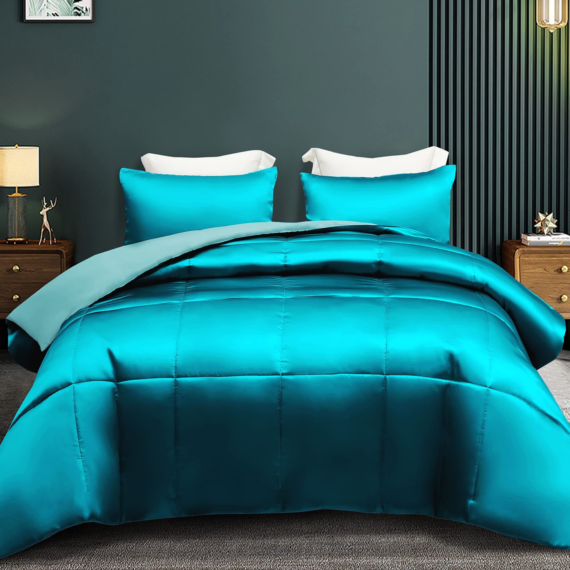 Whale Flotilla 3-Piece Reversible Silky Soft King Size Comforter Bedding Set, Luxurious Satin Comforters Oversized with 2 Satin Pillowcases, Lightweight Duvet for All Seasons, Turquoise