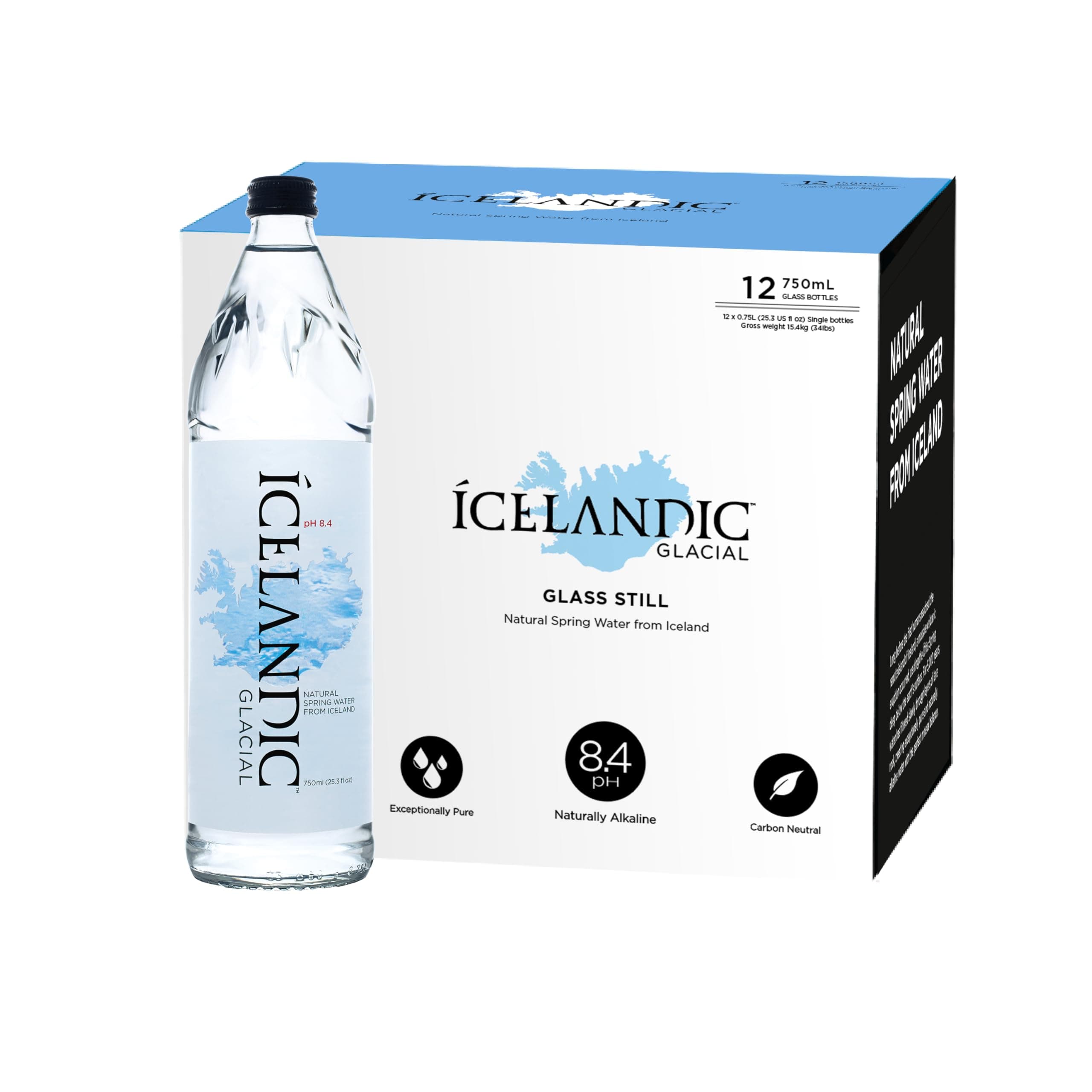 Premium Still Water 12 x 750ml Glass Bottles – Alkaline/Low PH, Recycled Packaging, BPA Free, Carbon Neutral from Icelandic Spring. Low TDS and Mineral Content.