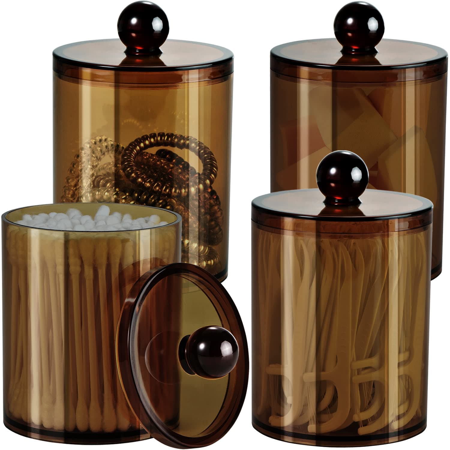 SheeChung 4 Pack Plastic Acrylic Vanity Countertop Canister Jar with Storage Lid, Pharmacist Jar Qtip Holder Makeup Organizer for Cotton Balls, Cotton Swabs, Pads Bath Salts (Amber)
