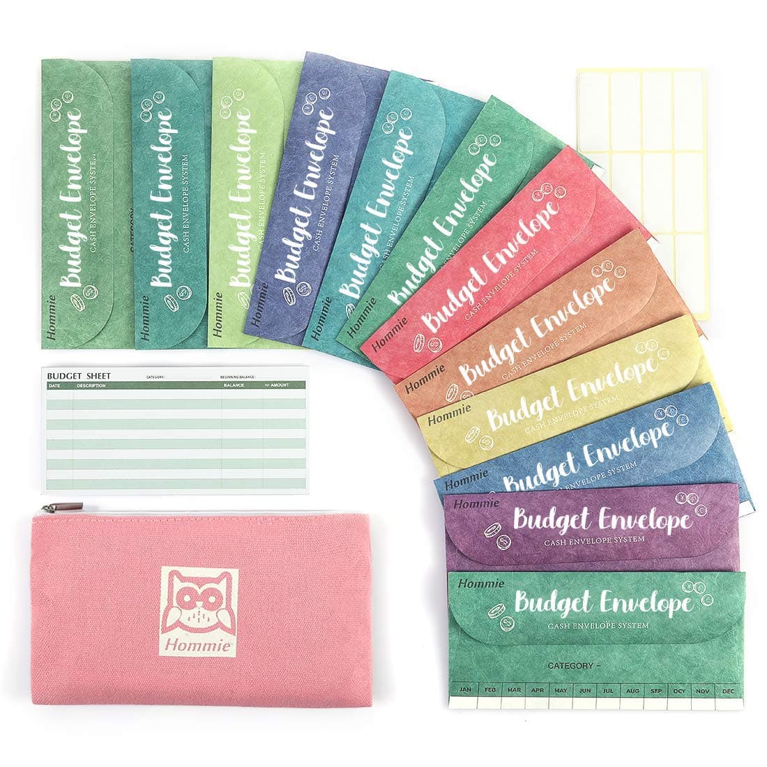 Hommie Cash Envelopes for Budget System- Money Envelopes for Budgeting and Saving with 1 Pink Carry Pouch, 12 Pack of Tear and Water Resistant Assorted Colors & 15 Expense Tracking Budget Sheets