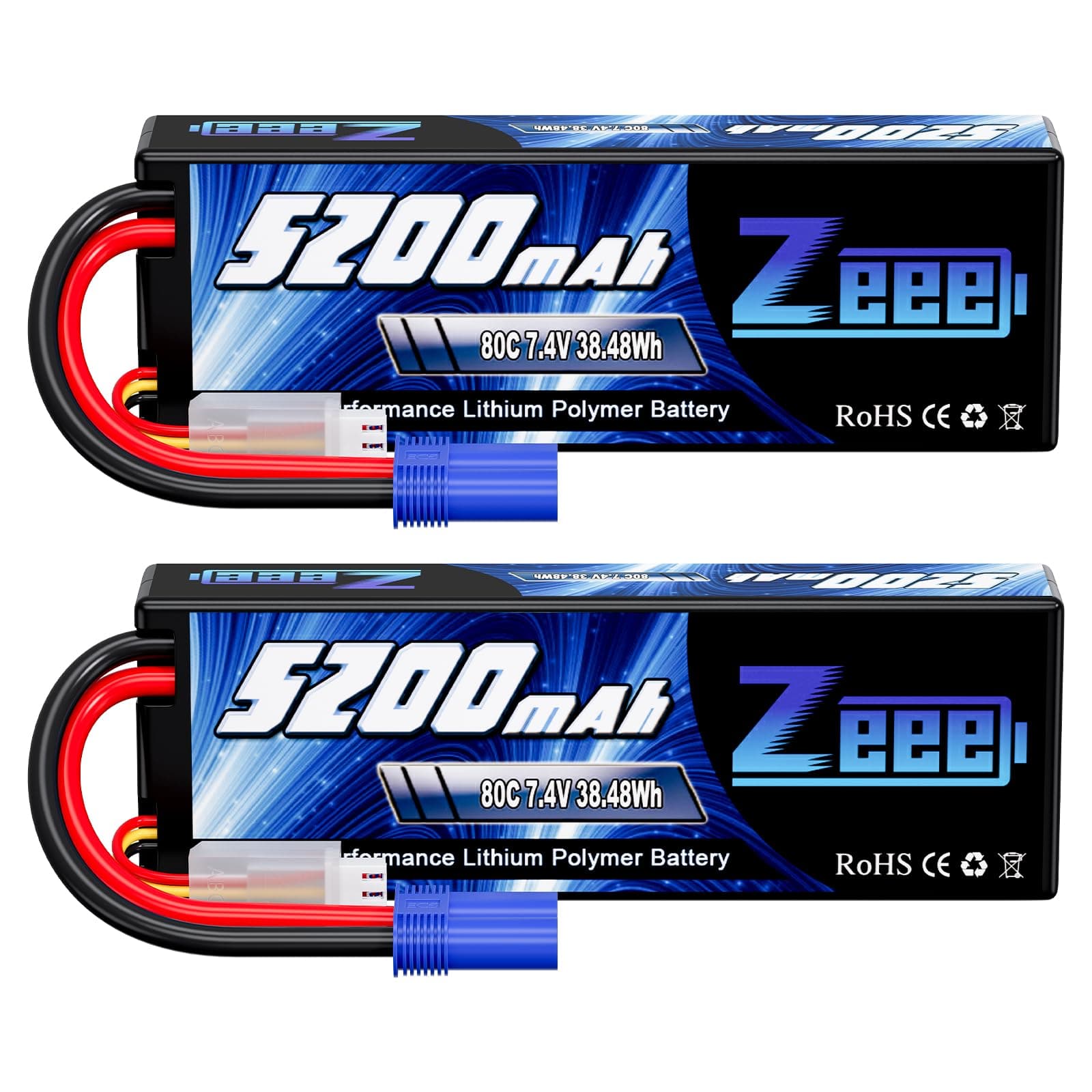 Zeee 2S Lipo Battery 5200mAh 7.4V 80C 38.48Wh Hard case Battery with EC5 Plug for 1/8 1/10 RC Vehicles Car RC Buggy Truggy RC Airplane UAV Drone FPV(2 Pack)
