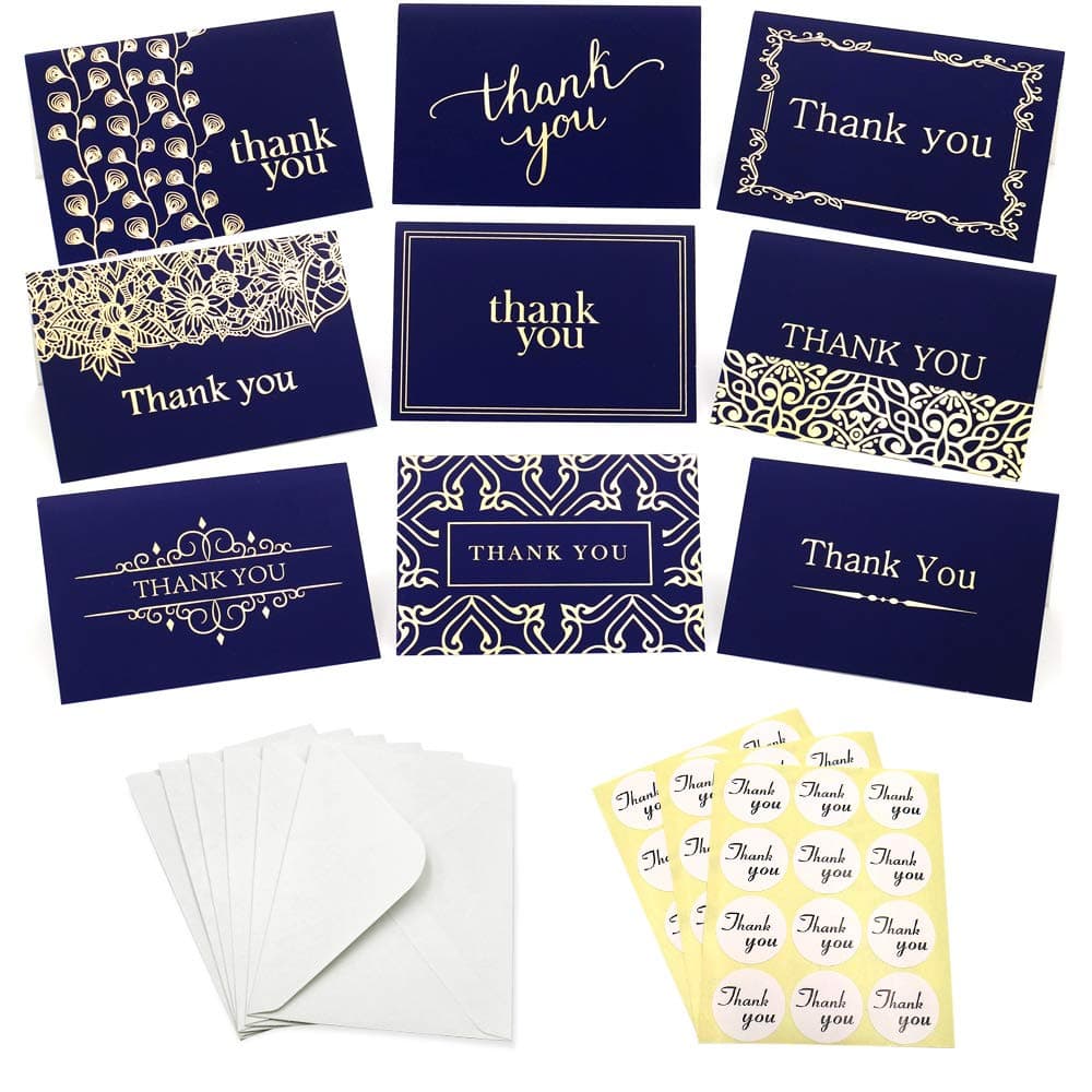36Pcs Thank You Cards,Thank You Notes,9 Style Navy Blue & Gold Greeting Cards,Blank Note Cards with Envelopes and Sticker Perfect for Business,Wedding, Graduation, Baby Shower-7.9 x 5.9 Inches