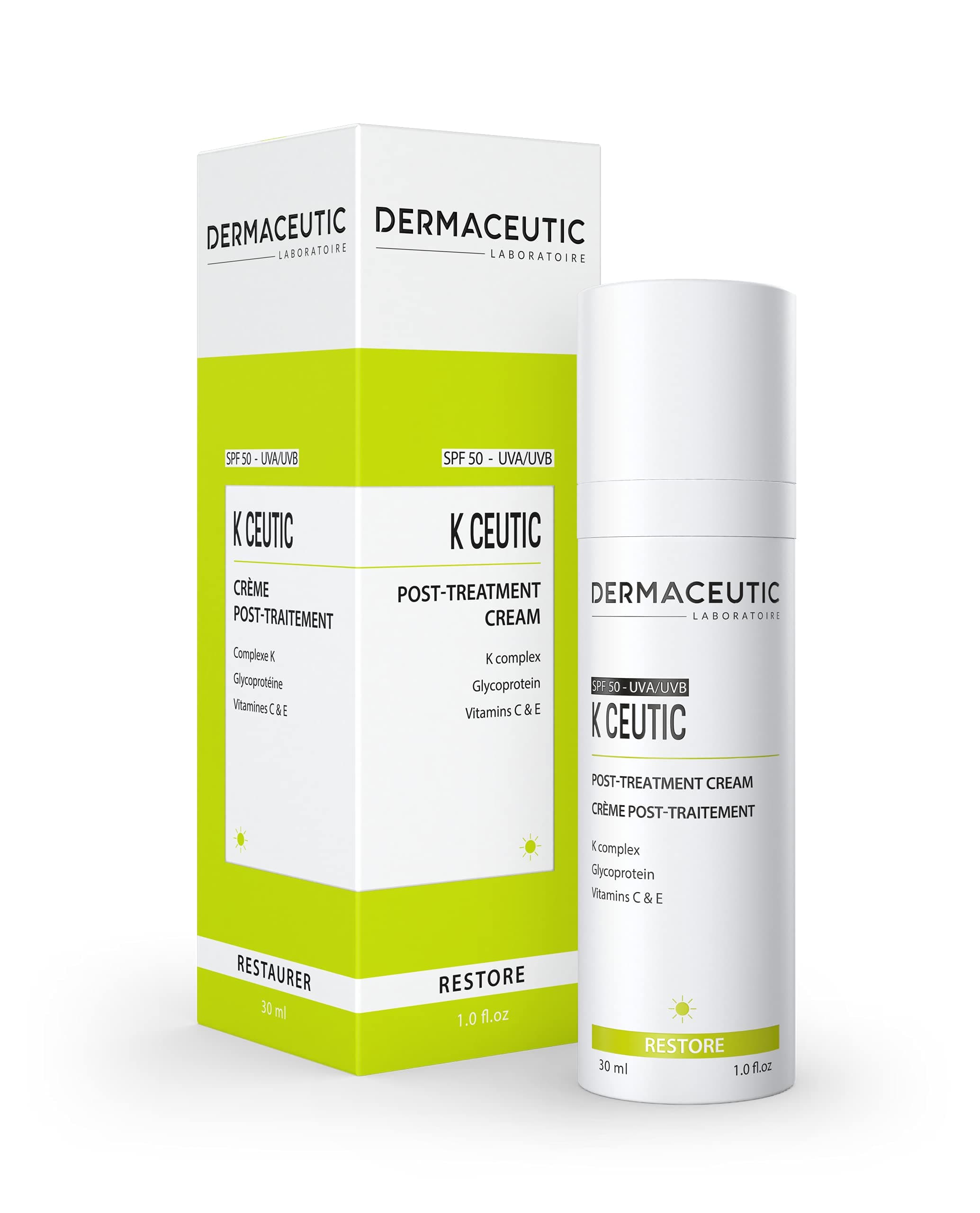 DERMACEUTIC K Ceutic : This post treatment cream contains K Complex, Glycoprotein, vitamin C and E and UV Filters. 30 ml.