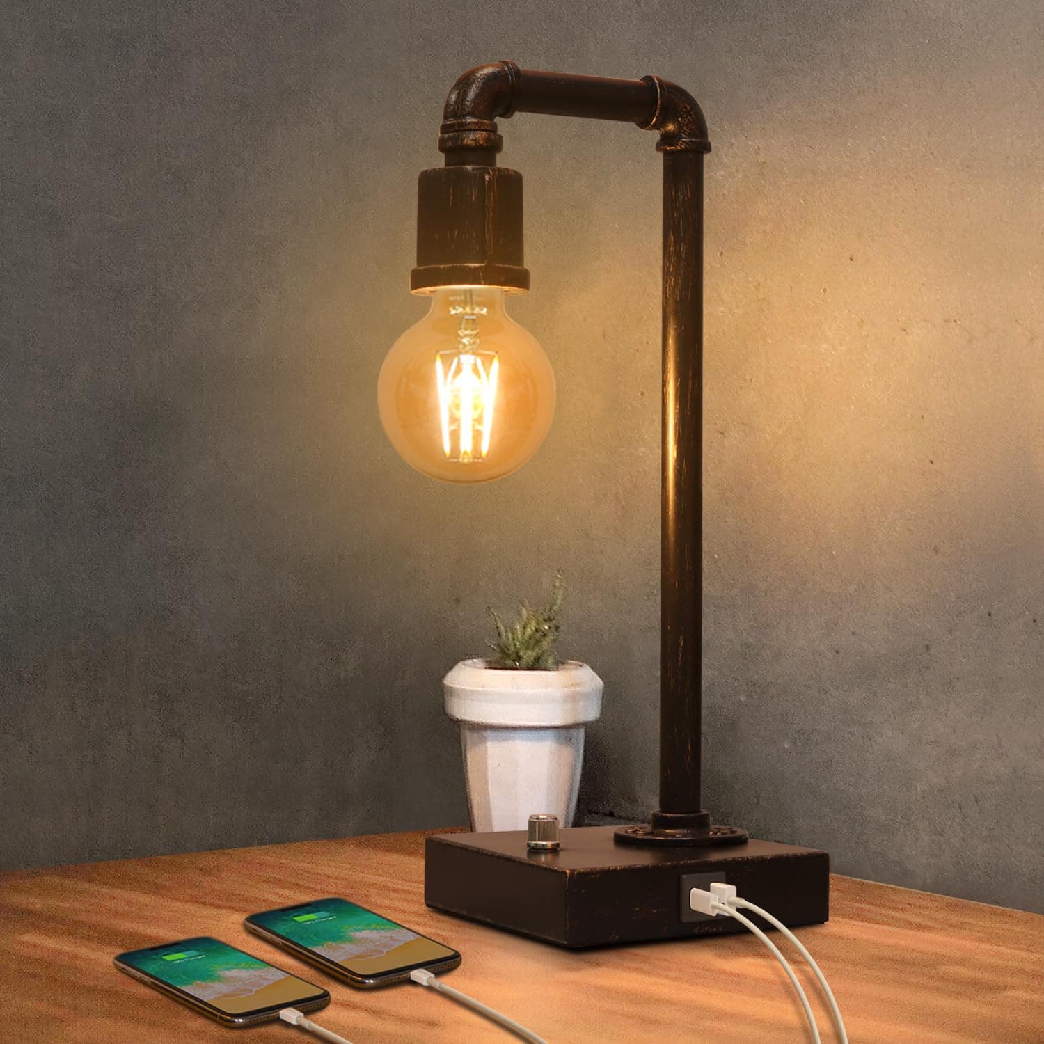 Industrial Table Lamp, Vintage Bedside Lamp with USB C and USB A Charging Ports, Dimmable Steampunk Office Lamp Metal Pipe Edison Reading Lamps for Bedroom, Dorm, Farmhouse Decor 6W LED Bulb Included