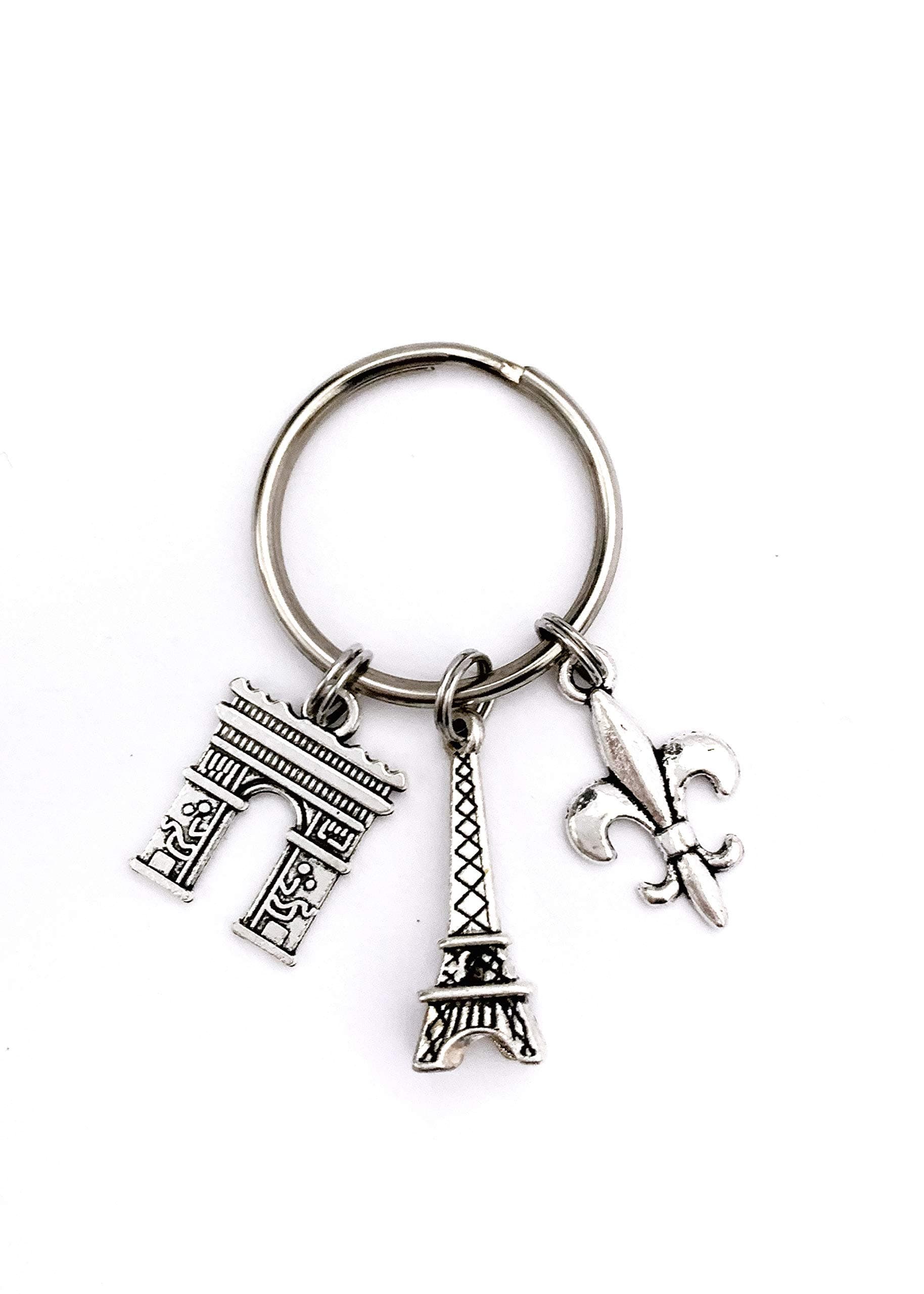 HandmadeParis France theme keychain. Includes Eiffel Tower, Arc de Triomphe, and Fleur de Lis. Gift for French lover.