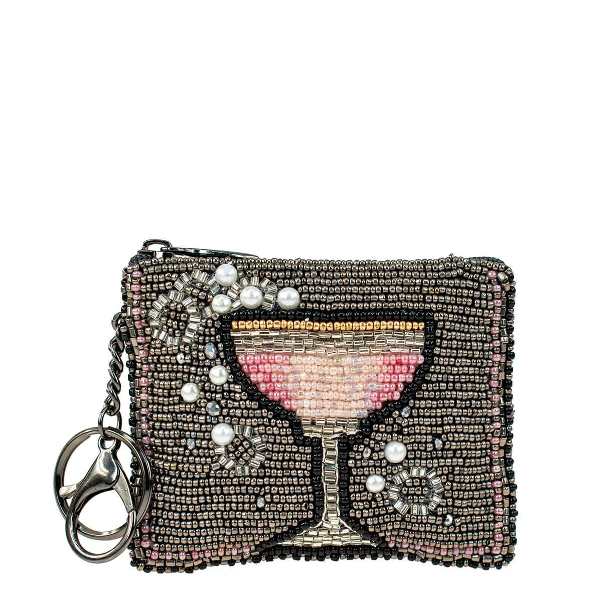 Pink Champagne Beaded Coin Purse Keychain Accessory Mini Bag Charm with Key Ring, Pewter