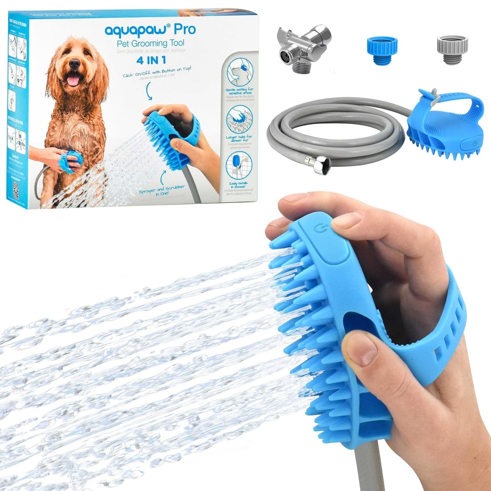 Dog Bath Brush Pro & Dog Shower Attachment - Large Silicone Rubber - Sprayer & Scrubber in One with 8ft Hose Attachment & Shower Wand for Bathing - Pet Bath Supplies