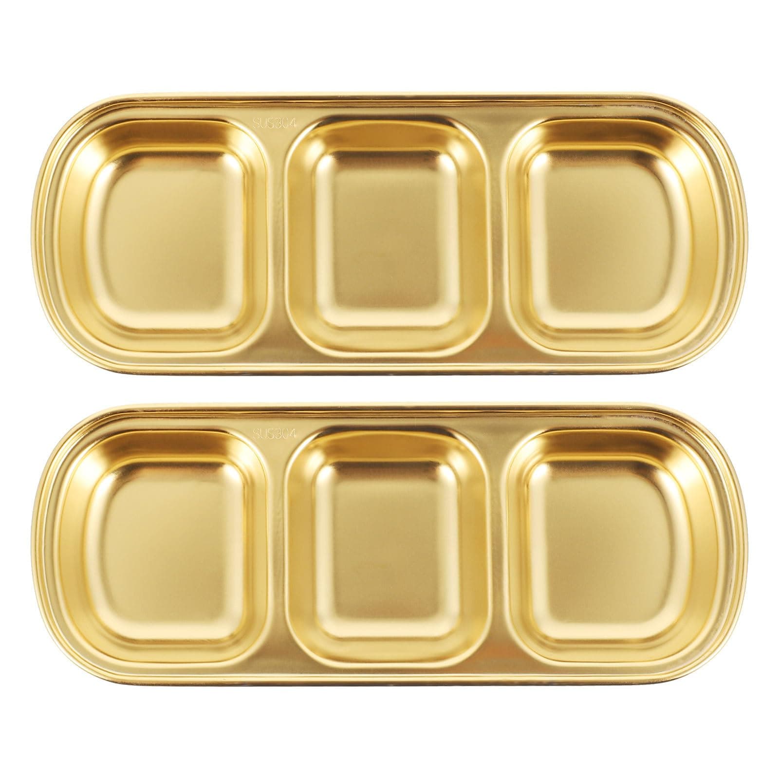 DOITOOL 2Pcs Stainless Steel Dipping Sauce Dishes, 3 Compartment Soy Sauce Dipping Bowls, Sushi Dipping Bowl Appetizer Plates Serving Dish for Soy Sauce, Ketchup, BBQ Sauce or Seasoning ( Gold )