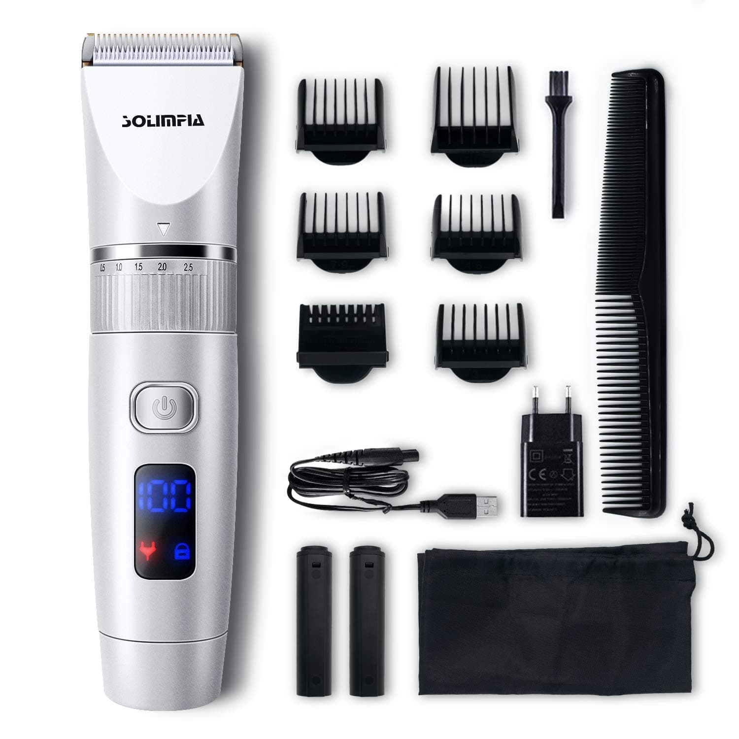 Solimpia Men's Professional Waterproof 2 Removable Rechargeable Lithium Batteries Hair Trimmer Set with Full Body USB Adapter LCD