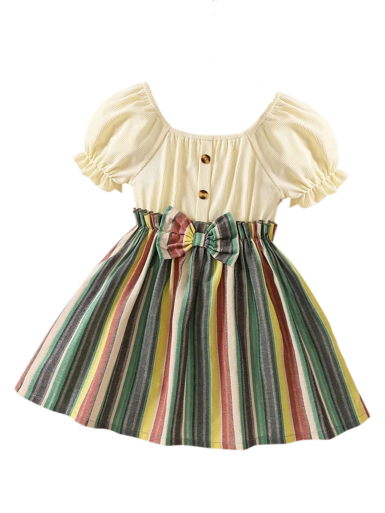TAGASToddler Girls Striped Print Puff Sleeve Bow Front Dress || Stripe Pattern Dress for Kids || A Line Dress || Puff Sleeve Dress for Kids || Casual Dress (KD-202)