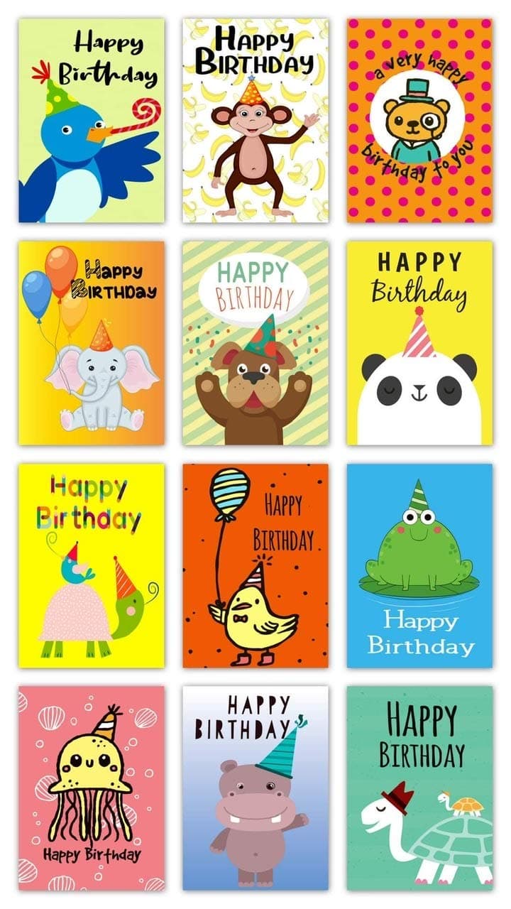 12 Fun Cartoon Animal Design Birthday Cards. Blank Inside. Made in UK by Greetingles