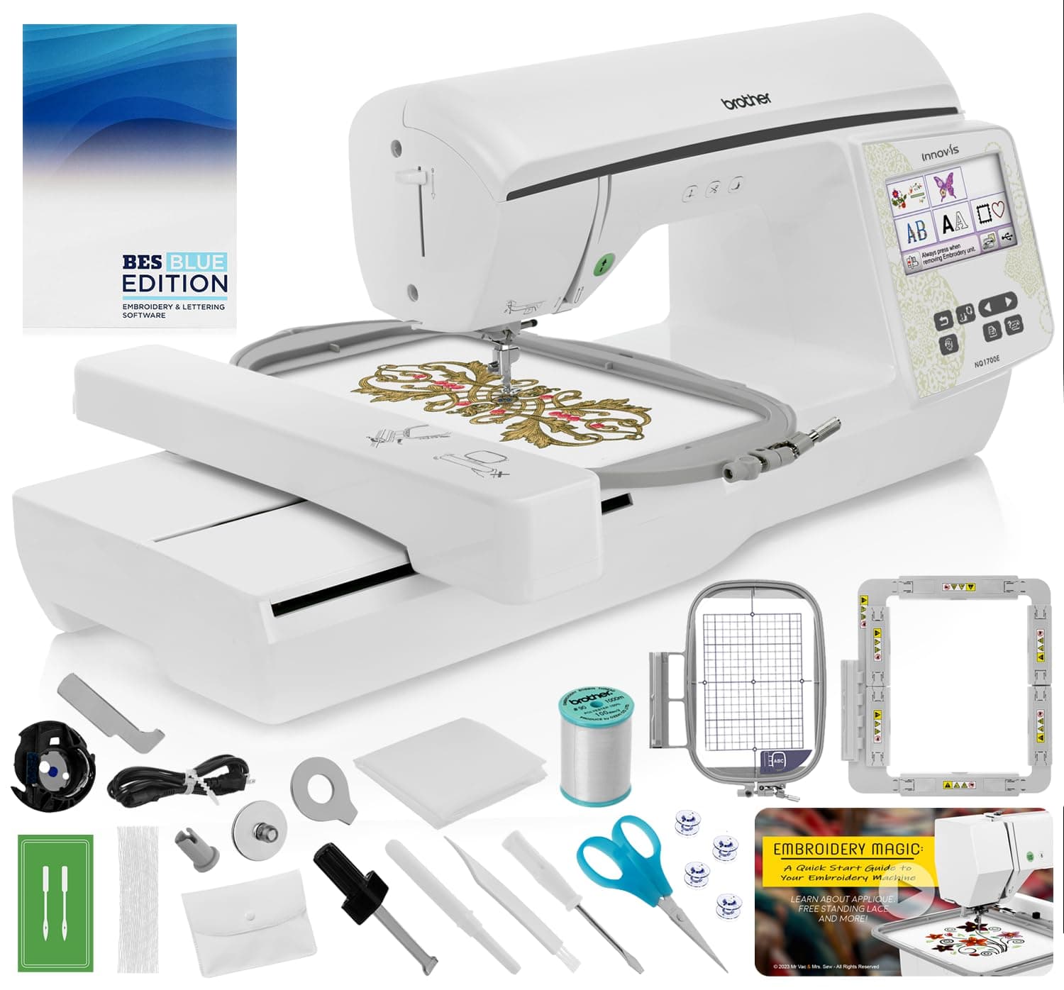 Brother NQ1700E Embroidery Machine 6" x 10" Field Size Jump Stitch Cut Wireless BES Lettering Software + Mr. Vac & Mrs. Sew - Embroidery Magic: Quick Start Video