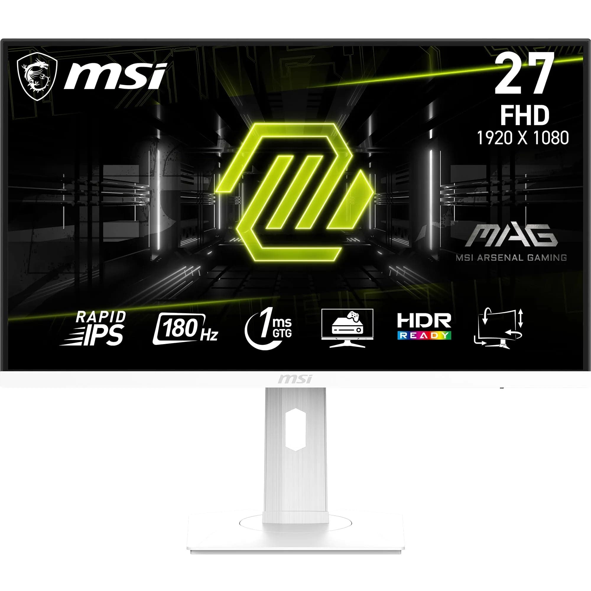 MSI MAG 274PFW 27 Inch FHD Gaming Monitor - 1920 x 1080 Rapid IPS Panel, 180 Hz - 1ms (GtG), 117percentage sRGB Colour Gamut, Frameless Design, HDR Ready - DisplayPort 12a, HDMI 20 (FHD@180Hz)