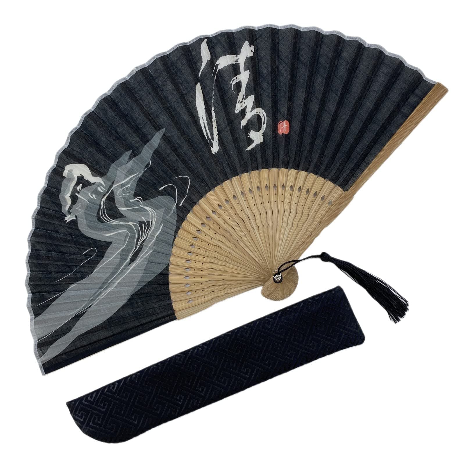 Eastern Wind 8.3in black bamboo hand floding fan, Japanese rave fan