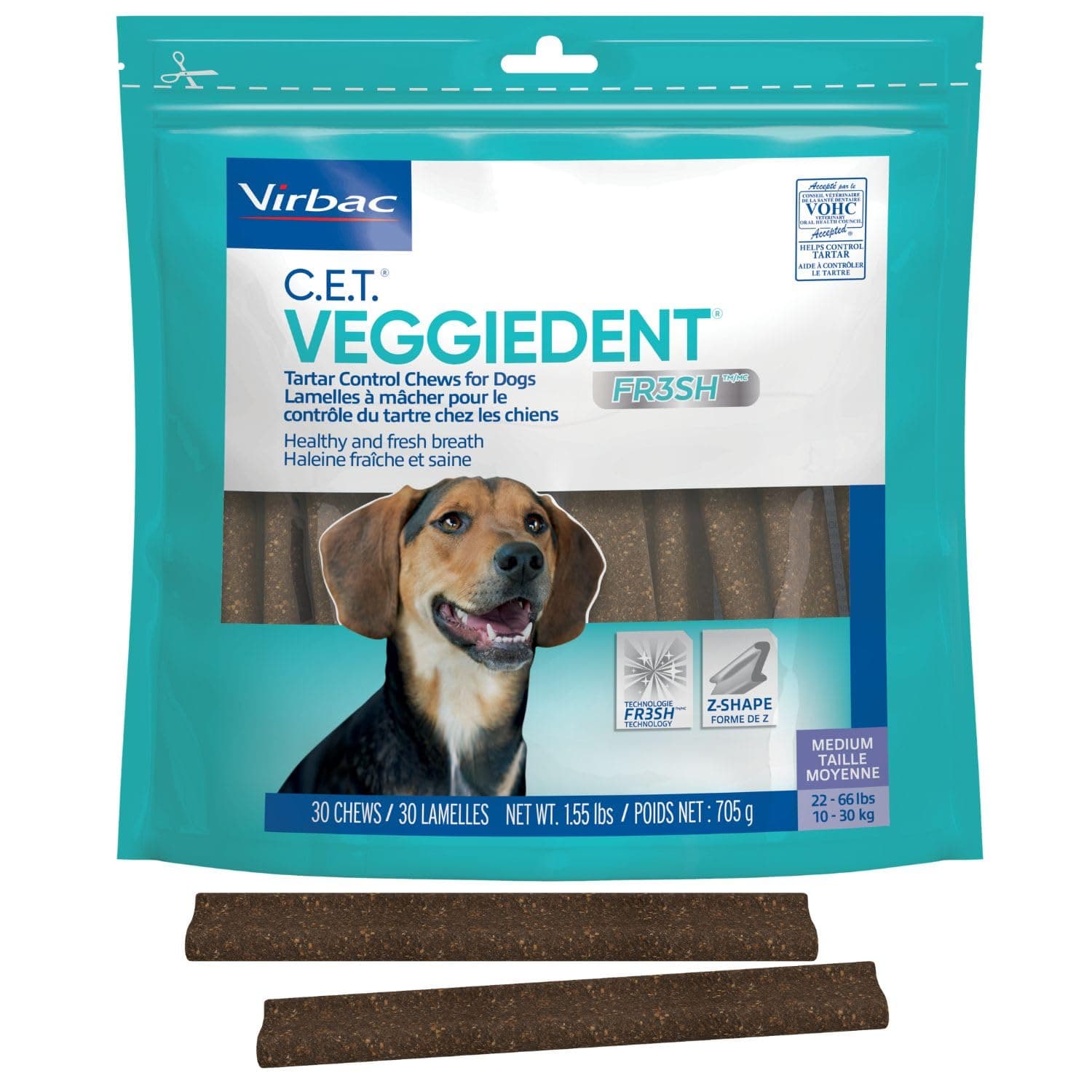 C.E.T.® VEGGIEDENT® FR3SH® Tartar Control Chews for Dogs with digestive health support, VOHC Approved, Medium 22-66lbs