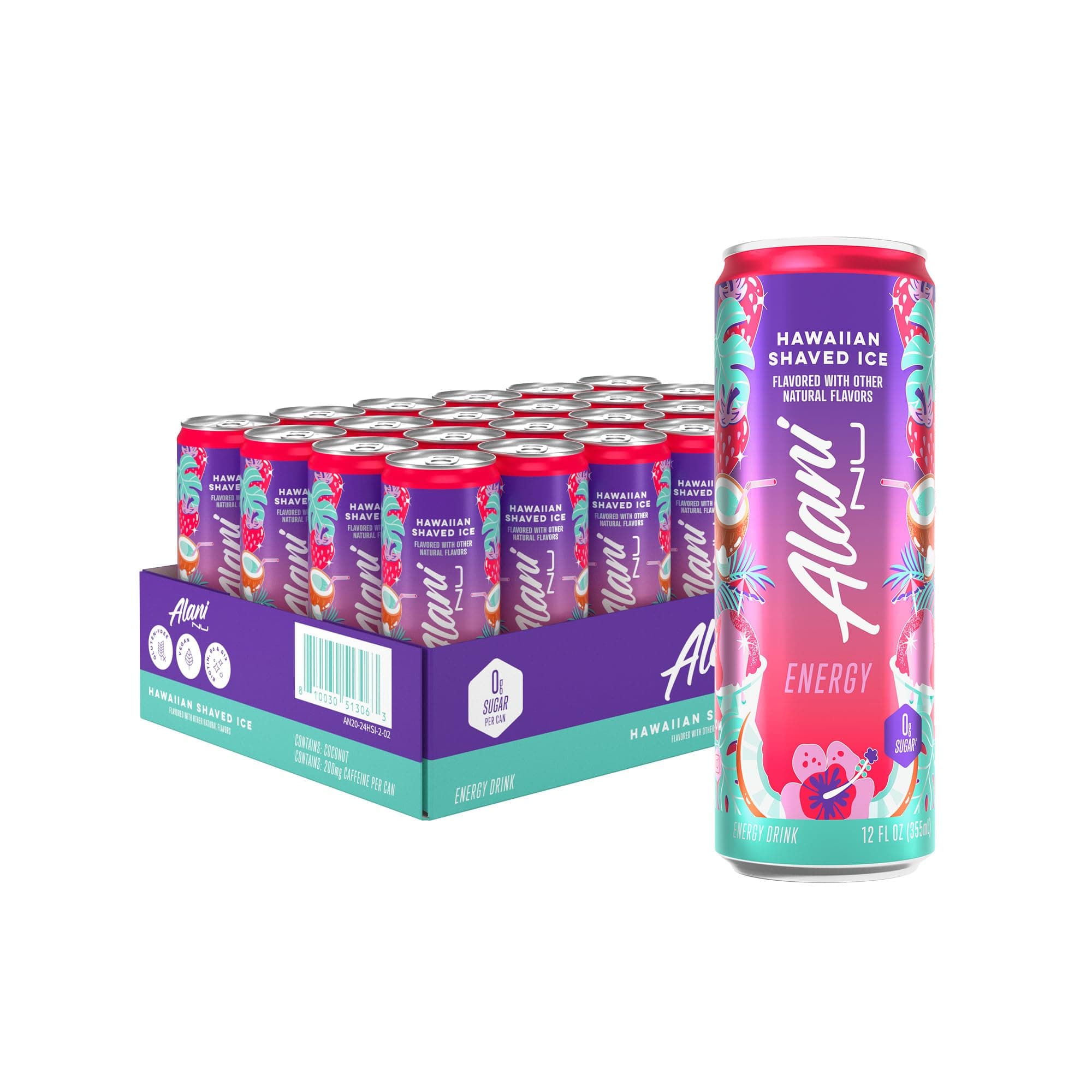 Hawaiian Shaved Ice Sugar Free, Low Calorie Energy Drinks | 200mg Caffeine | Pre Workout Performance with Antioxidants | Biotin B Vitamins | Zero Sugar | 15 Calories or Less | 12 Fl Oz Cans