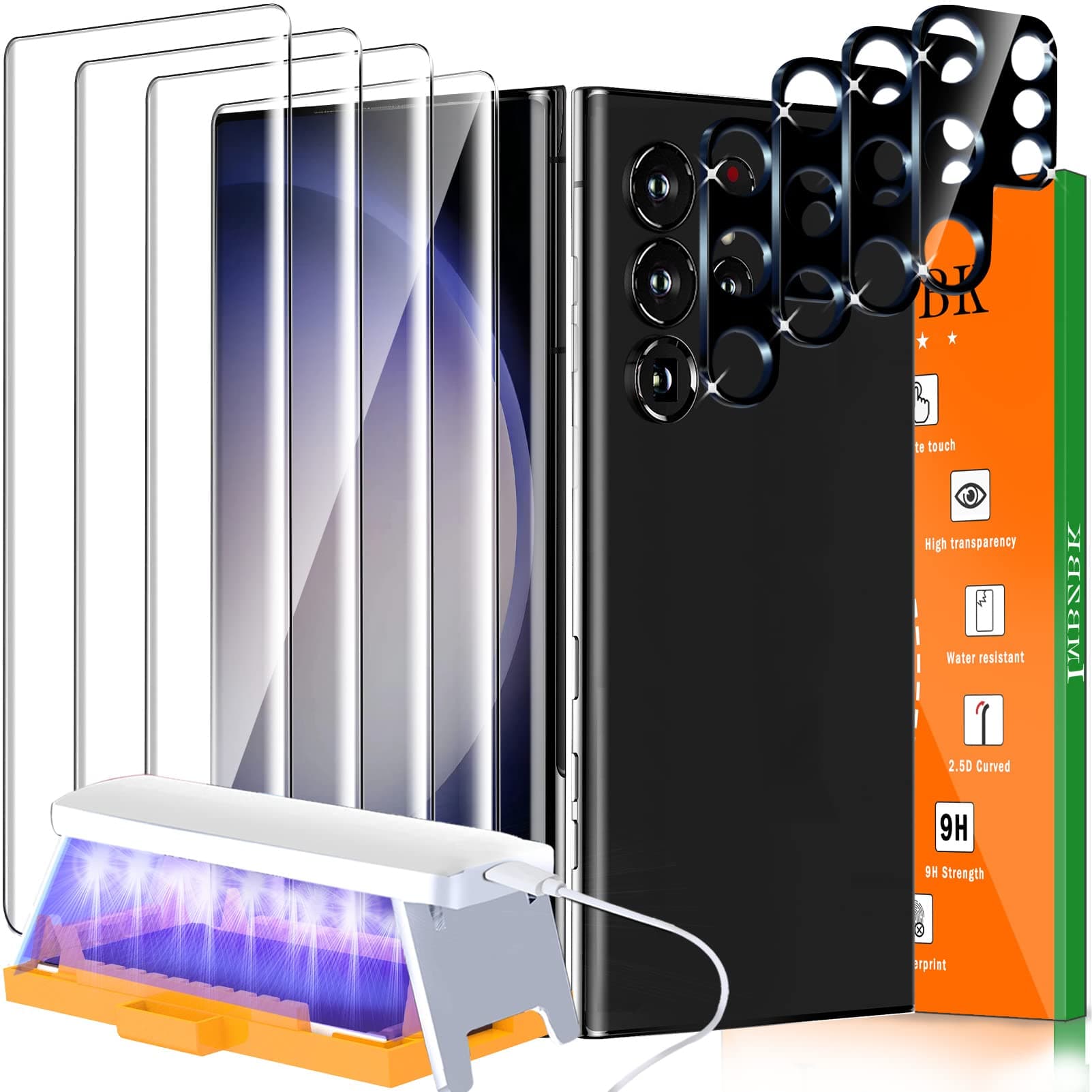 IMBZBK Screen Protector Tempered Glass Accessories for Samsung Galaxy S23 Ultra - 4 Pack UV Glass and 4 Pack Camera Lens Protector - Fingerprint Friendly