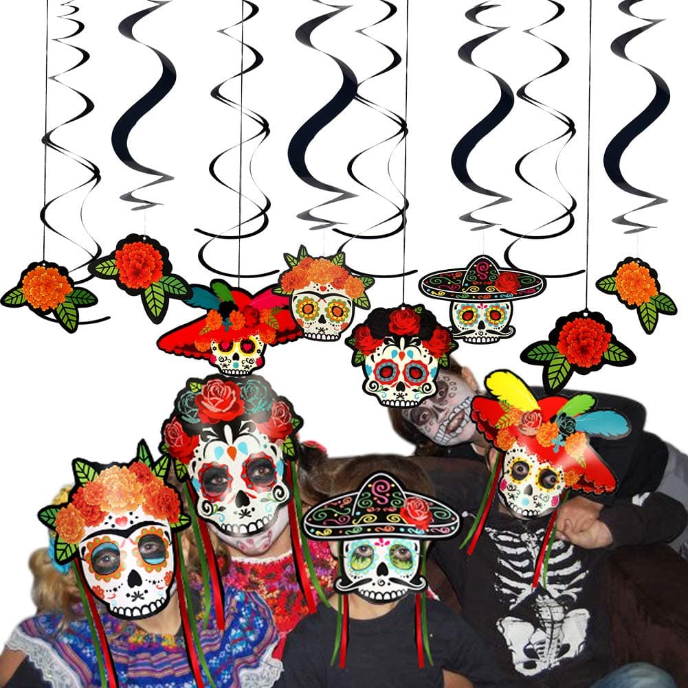 Dia De Los Muertos Decorations Day of the Dead Party Supplies 12 Pcs Sugar Skull Hanging Swirls 4 Pcs Skull Flower Masks Mexican Fiesta Party Supplies