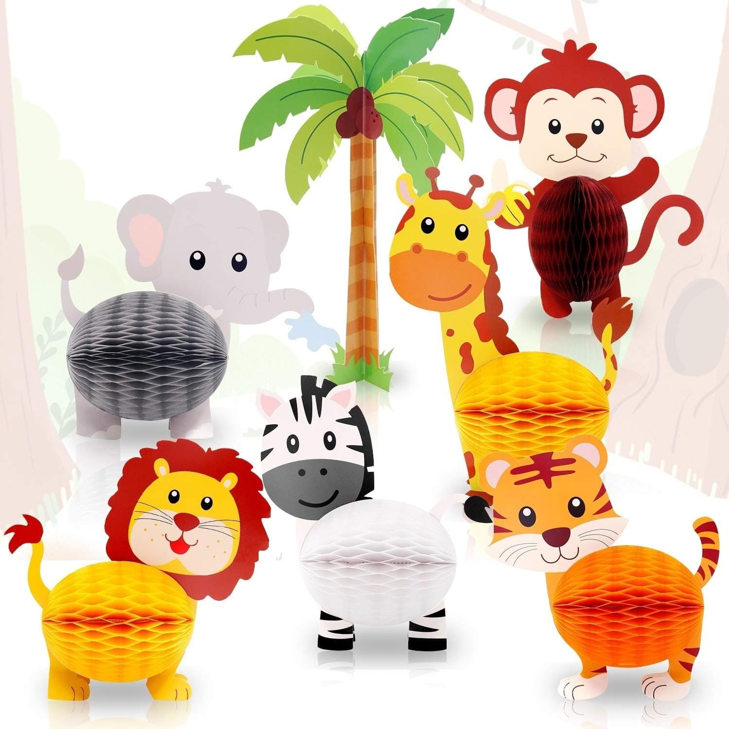 Distaratie Jungle Safari Animals Honeycomb Centerpieces 3D Table Decorations for Jungle Safari Birthday Baby Shower Party Decorations Supplies Set of 7