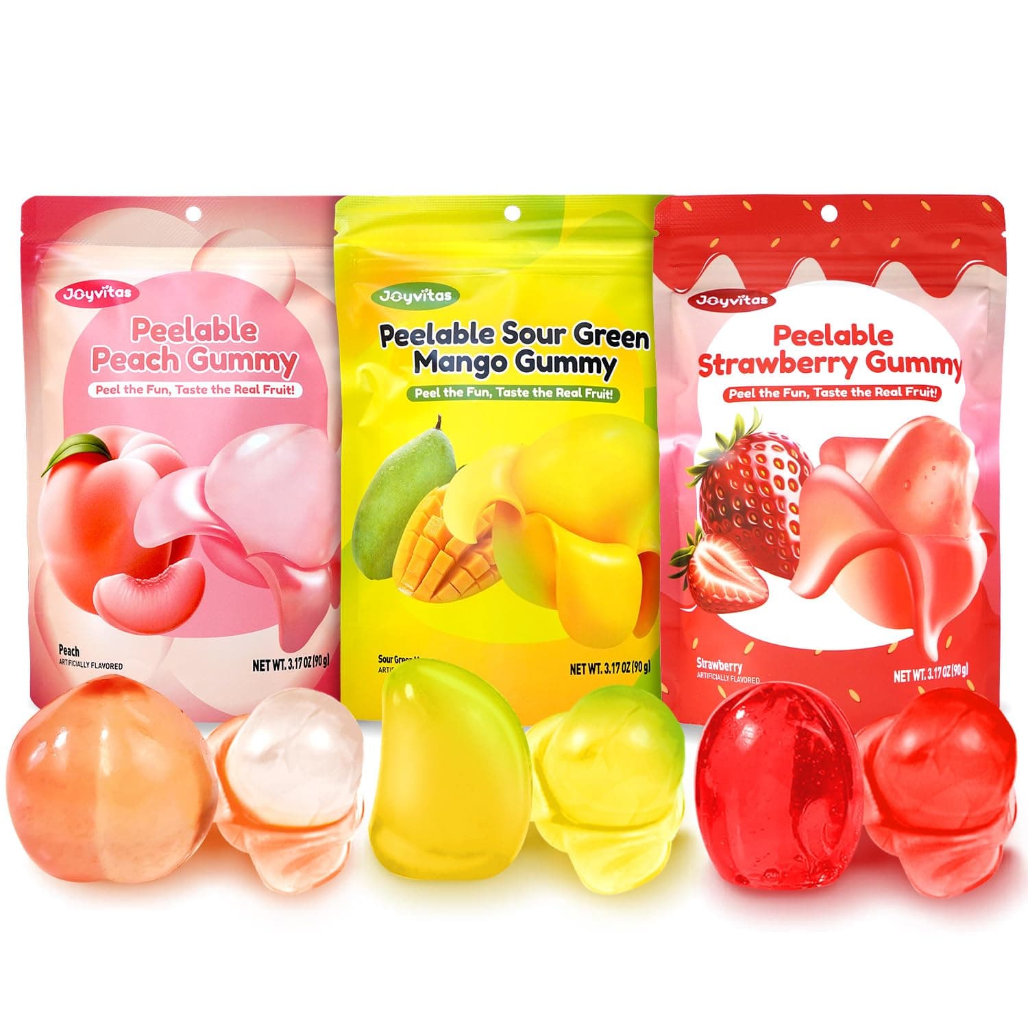 Peelable Gummy Candy Intense Mango Peach Stawberry Mix Flavor Fruit Chewy Gummy Snack Low Sugar & Calorie,0 Fat Individual Soft & Chewy Candy Snacks (Pack of 3, 3.17OZ, Mixed-Fruit)