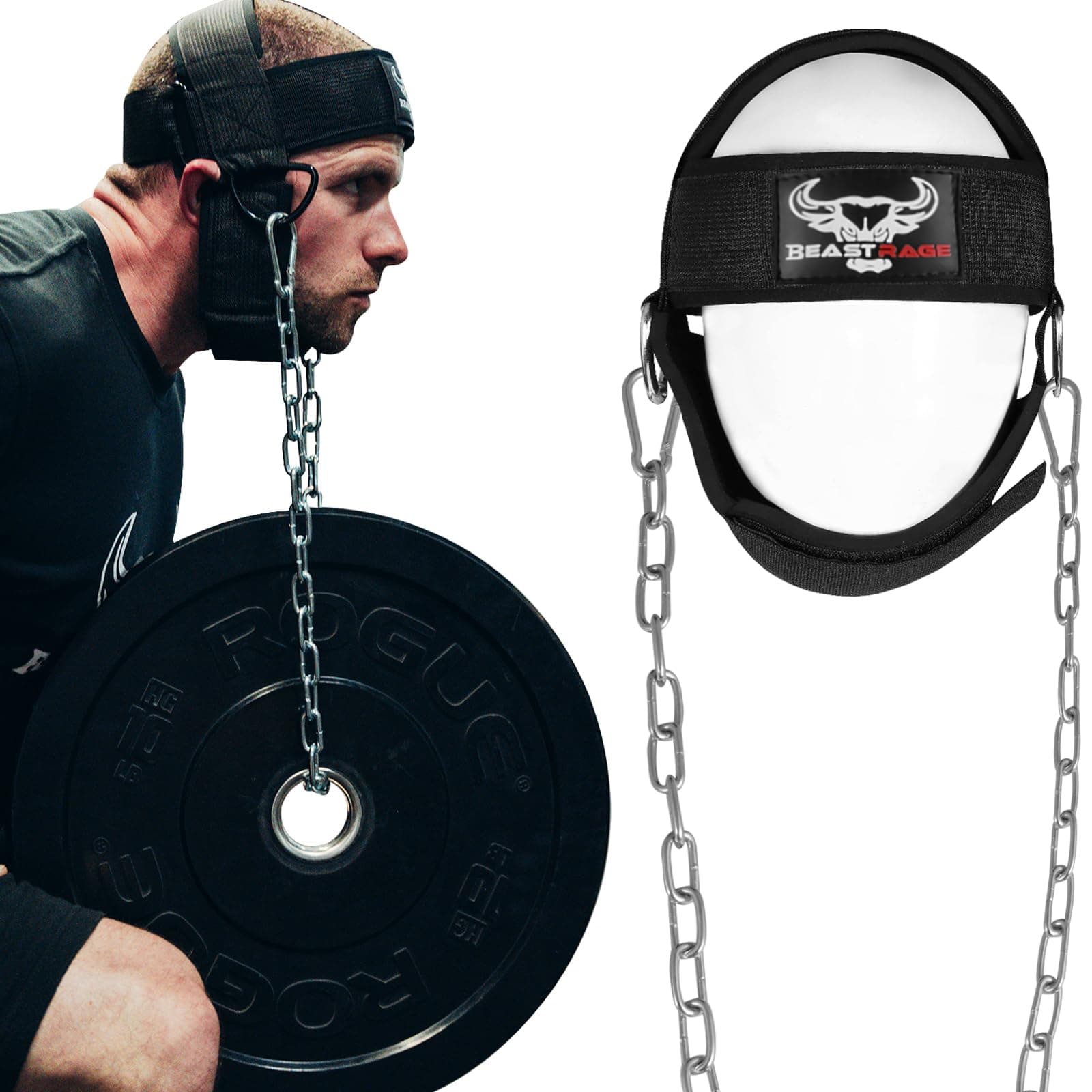 BEAST RAGE Head Harness Neck Dipping Heavy Duty Long Steel Chain Adjustable Fitness Neck Harness Weight Lifting Neoprene Padded Strap Resistance Training Muscle Strength Recovery Belt Men