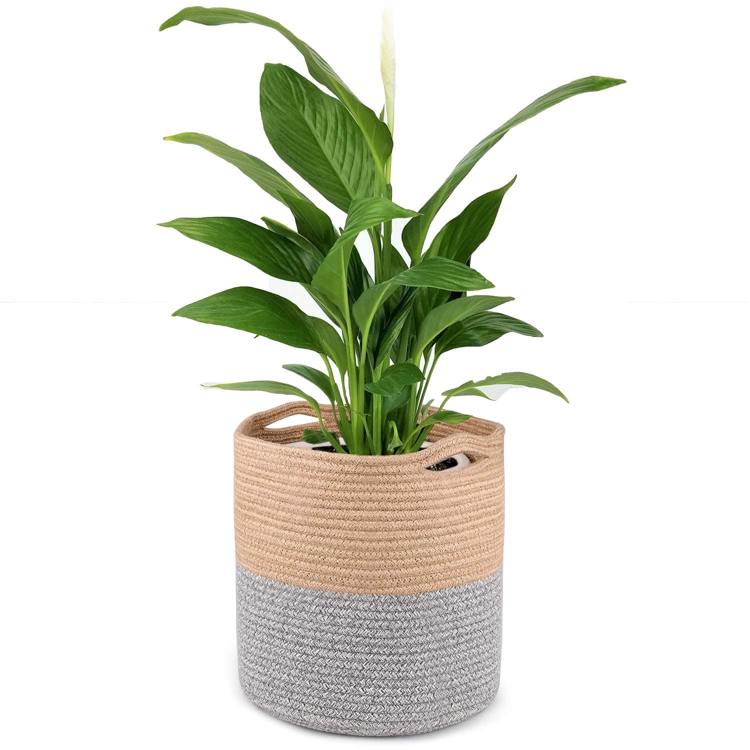 HOMENOTE 12" Woven Plant Basket for 8" to 10" Plant Pot Floor Indoor Planters, Cotton Rope Storage Organizer Basket for Home Decor, Toy Storage Basket with Handles for Kids' Room, Yellow Grey Stripes