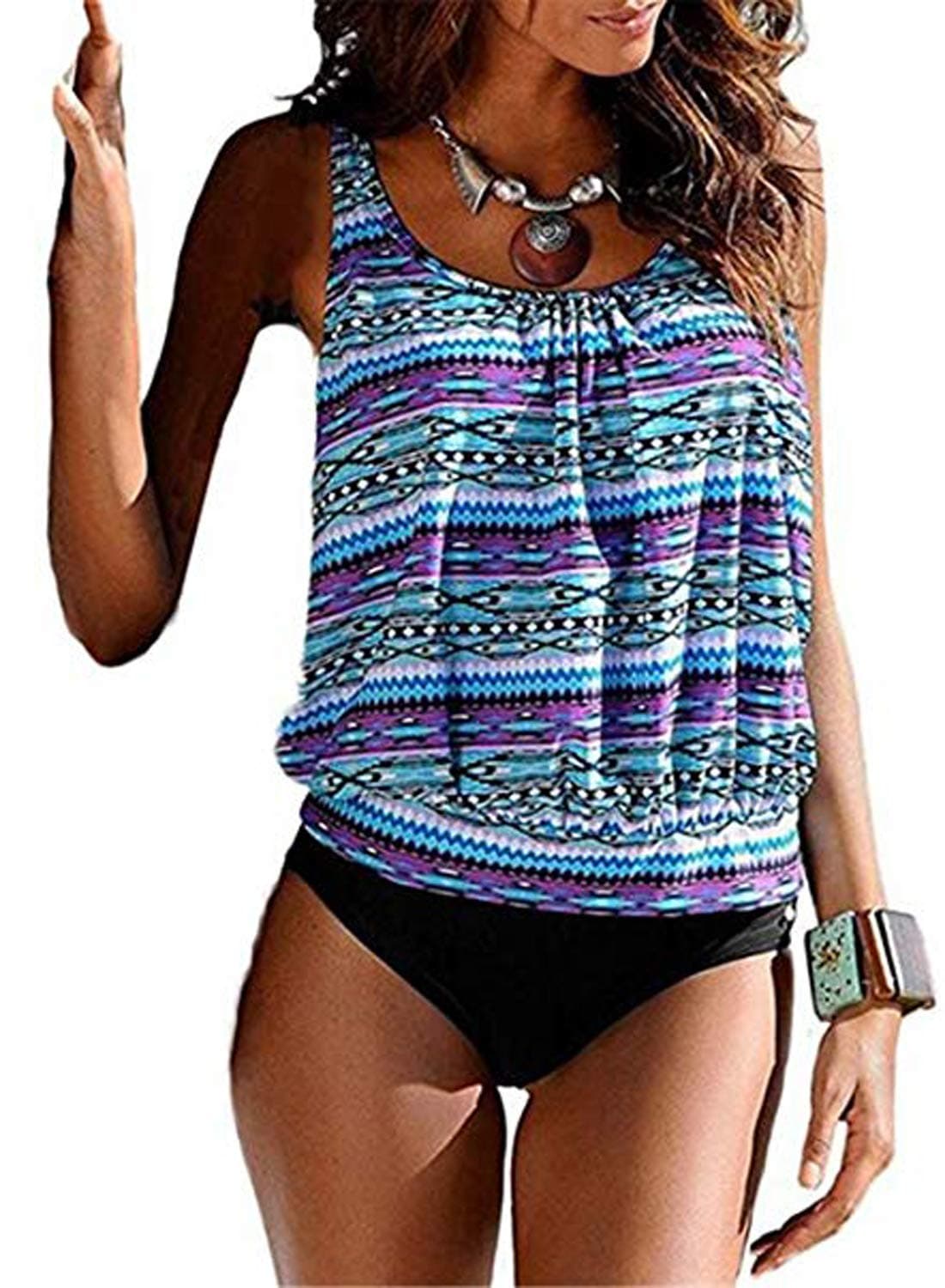 Actloe Women's Ombre Printed Two Pieces Tankini Swimsuit with Triangle Bottoms Bathing Suits Color-8 Medium