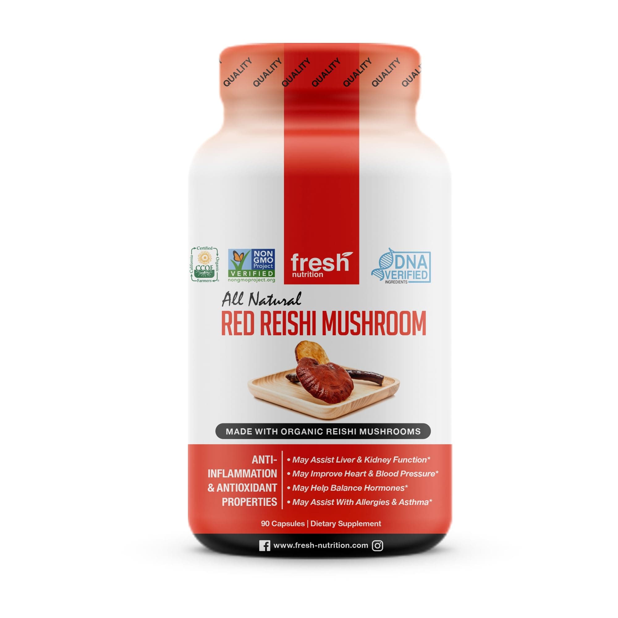 Fresh Nutrition Organic Reishi Mushroom Capsules - Rich in Alpha Glucan - Ganoderma Lucidum & Ganoderma Applanatim - Third Party Tested - 90 Capsules/Pills