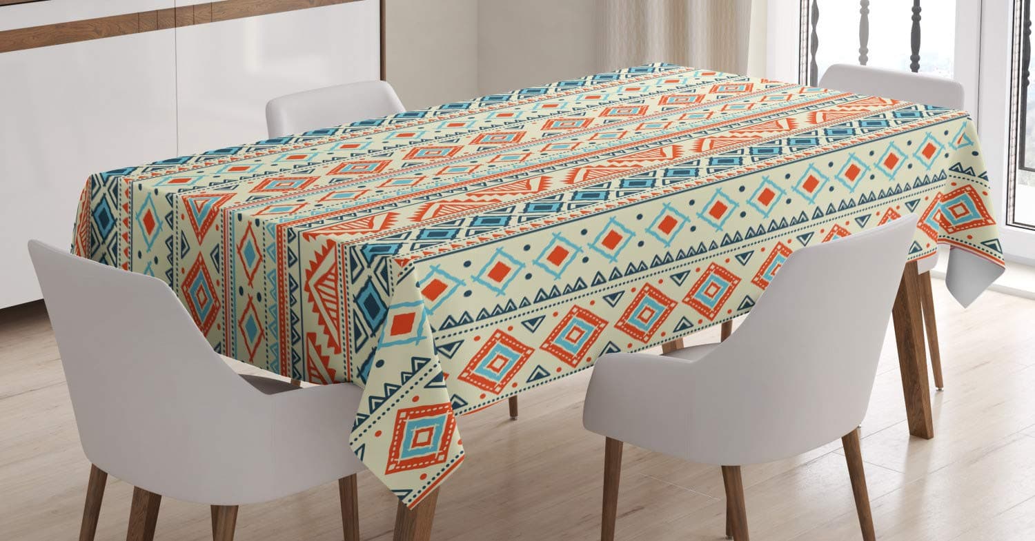 ABAKUHAUS Tribal Tablecloth, Mexican Aztec Pattern, Dining Room Kitchen Rectangular Table Cover, 54 W X 66 L, Blue Orange Ivory