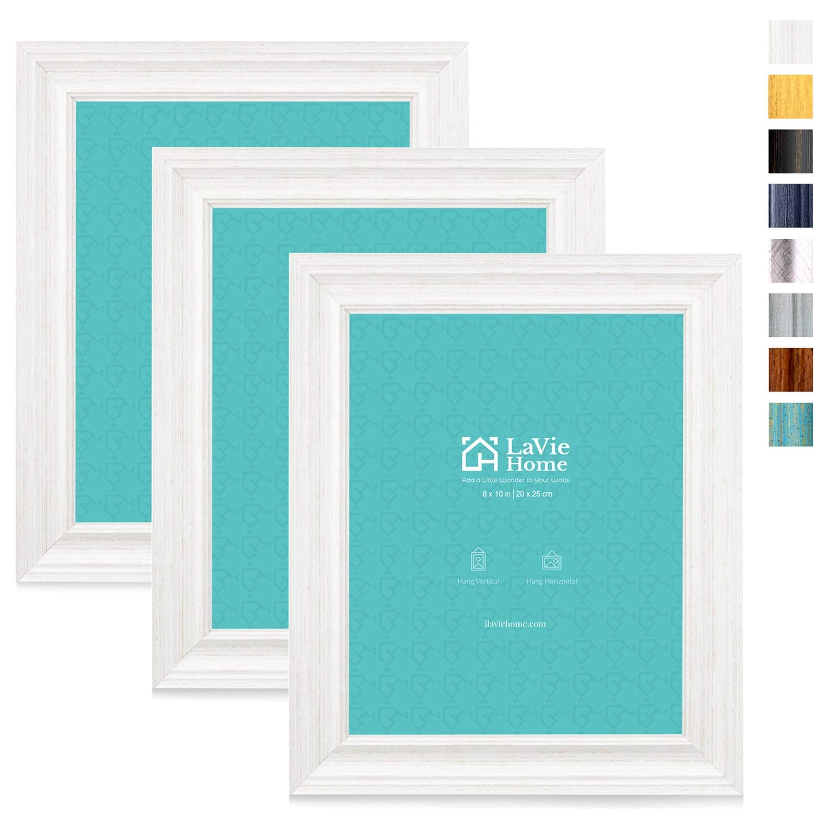 LaVie Home8x10 Picture Frames (3 Pack, Distressed White Wood Grain) Rustic Photo Frame Set with Tempered glass for Wall Mount & Table Top Display