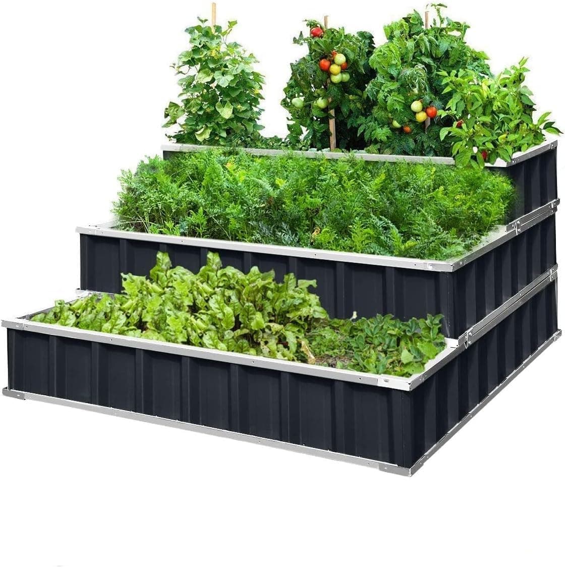KING BIRD 3 Tiers Raised Garden Bed Dismountable Frame Galvanized Steel Metal Patio Garden Elevated Planter Box 46" x 46" x 23.6" for Growing Vegetables Flowers (Dark Grey)