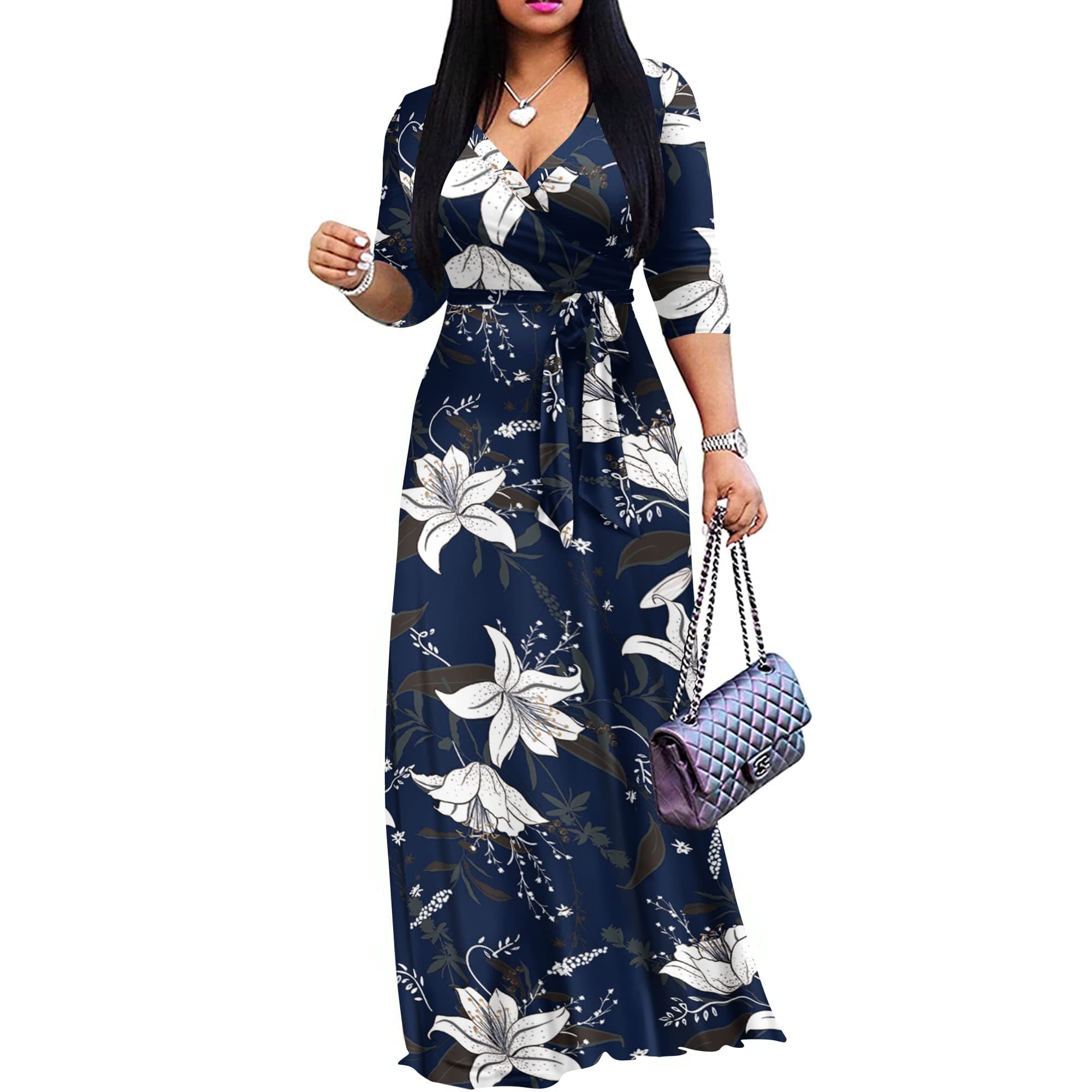 FANDEEPlus Size Maxi Dress for Women Casual Summer Sundress V-Neck 3/4 Sleeve